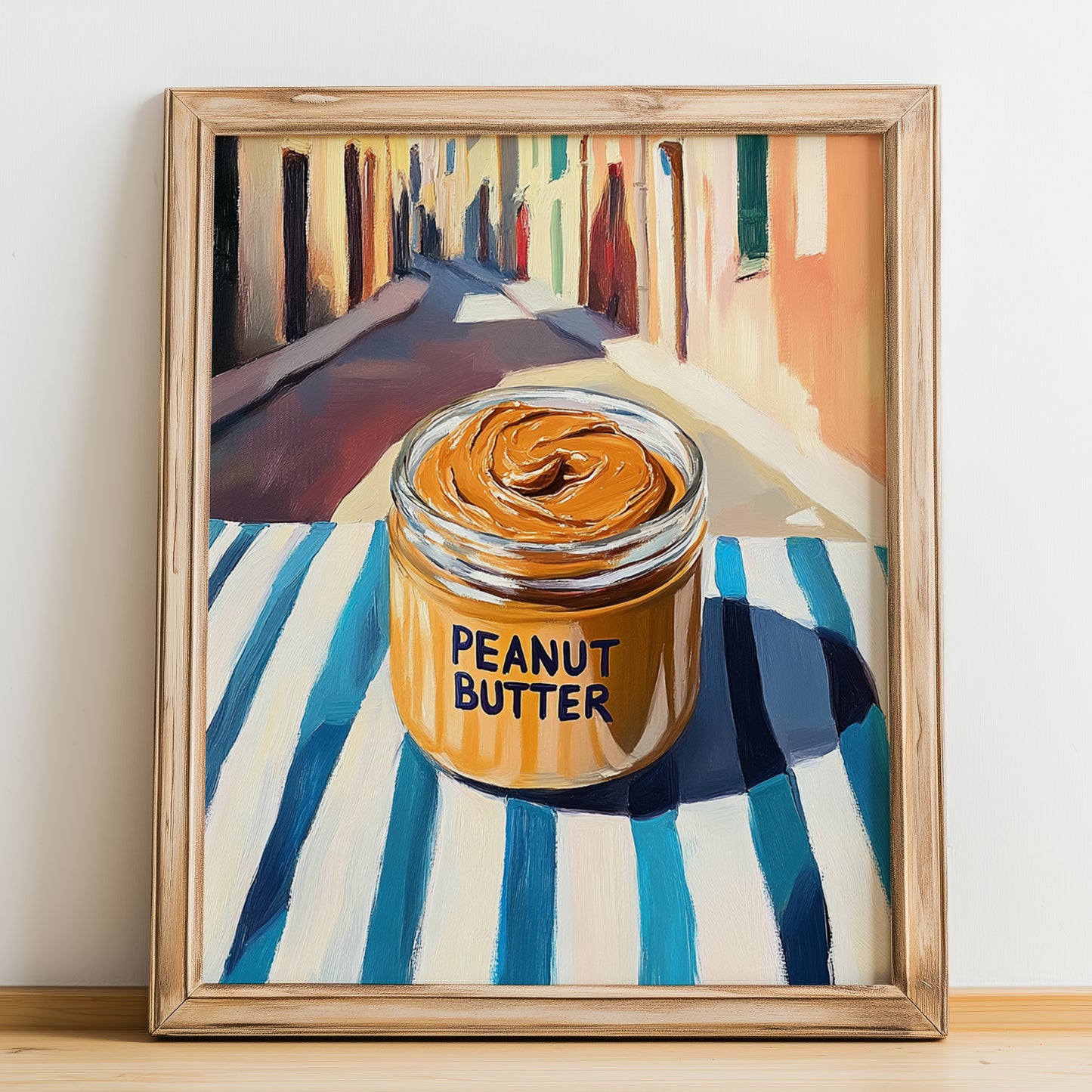 Peanut Butter – on Striped Tablecloth, Pantry Painting, no-text version framed in wood