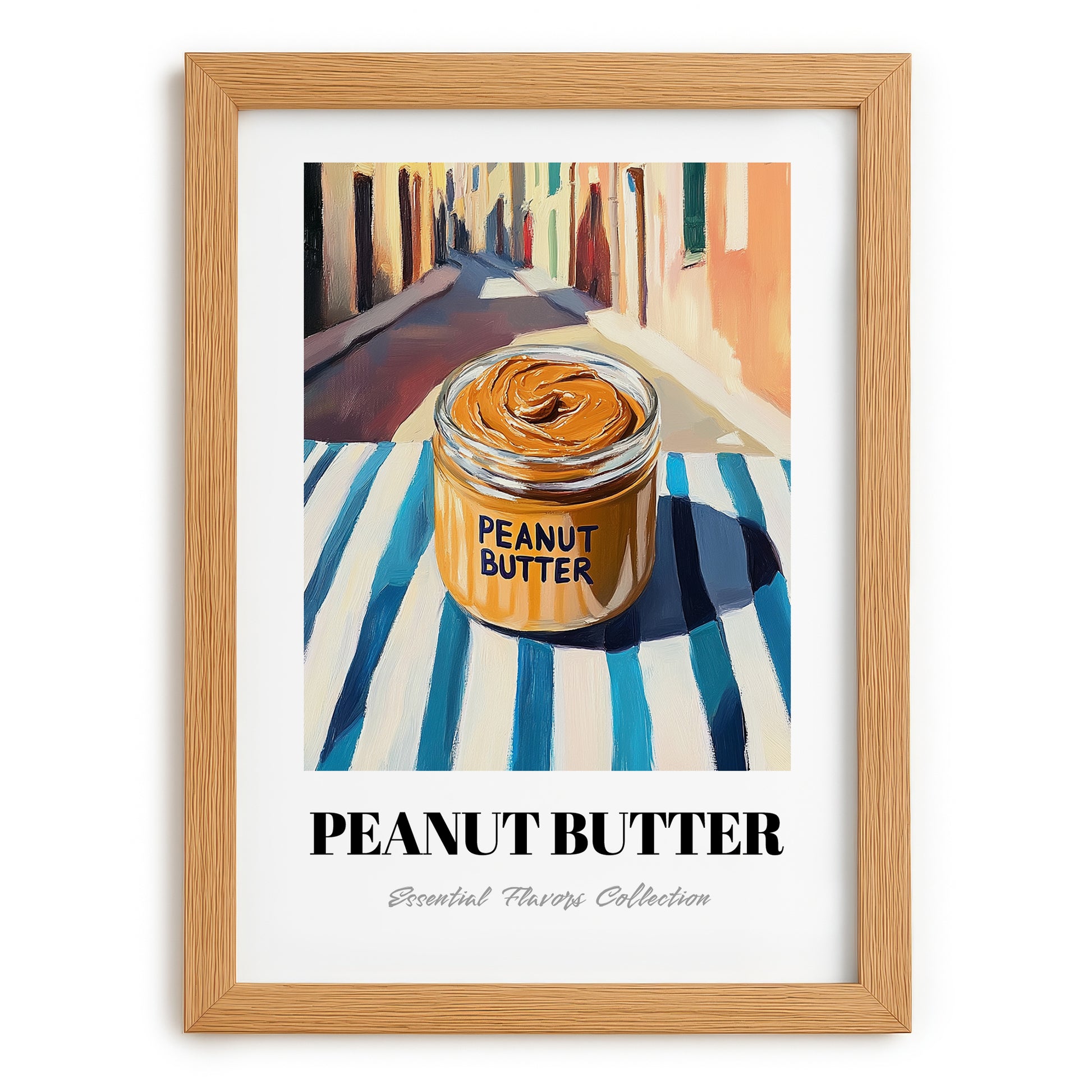 Peanut Butter – on Striped Tablecloth, Pantry Painting, set in oak frame