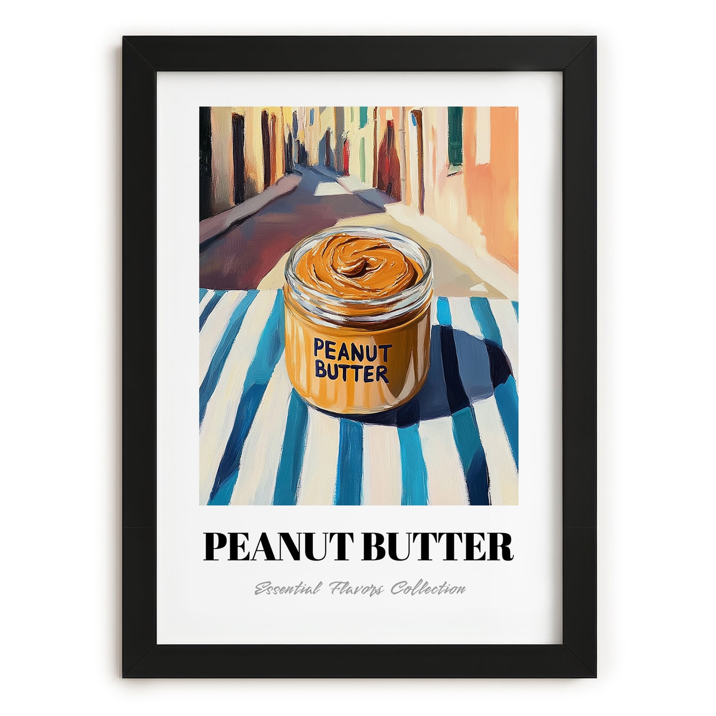 Peanut Butter – on Striped Tablecloth, Pantry Painting, in sleek black frame