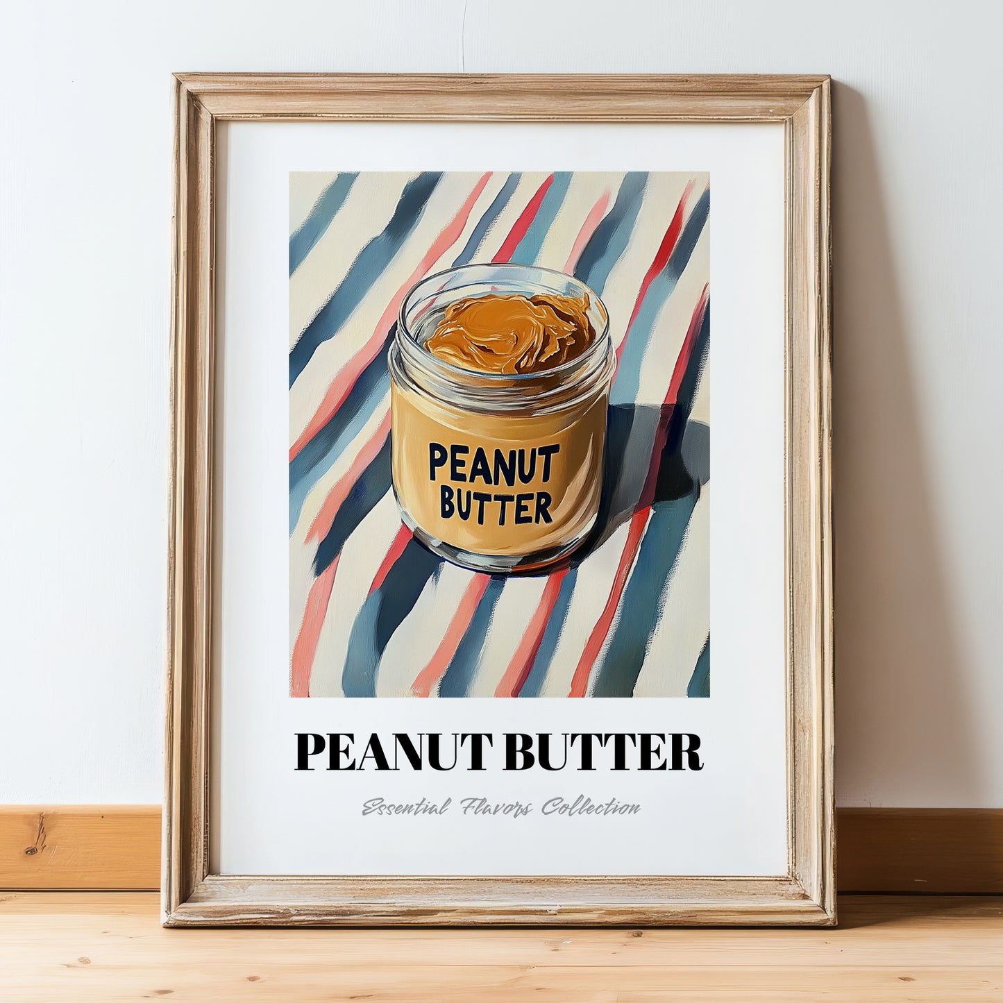 Peanut Butter – on Striped Tablecloth, Food Shelf Still Life, in wooden frame leaning on the floor