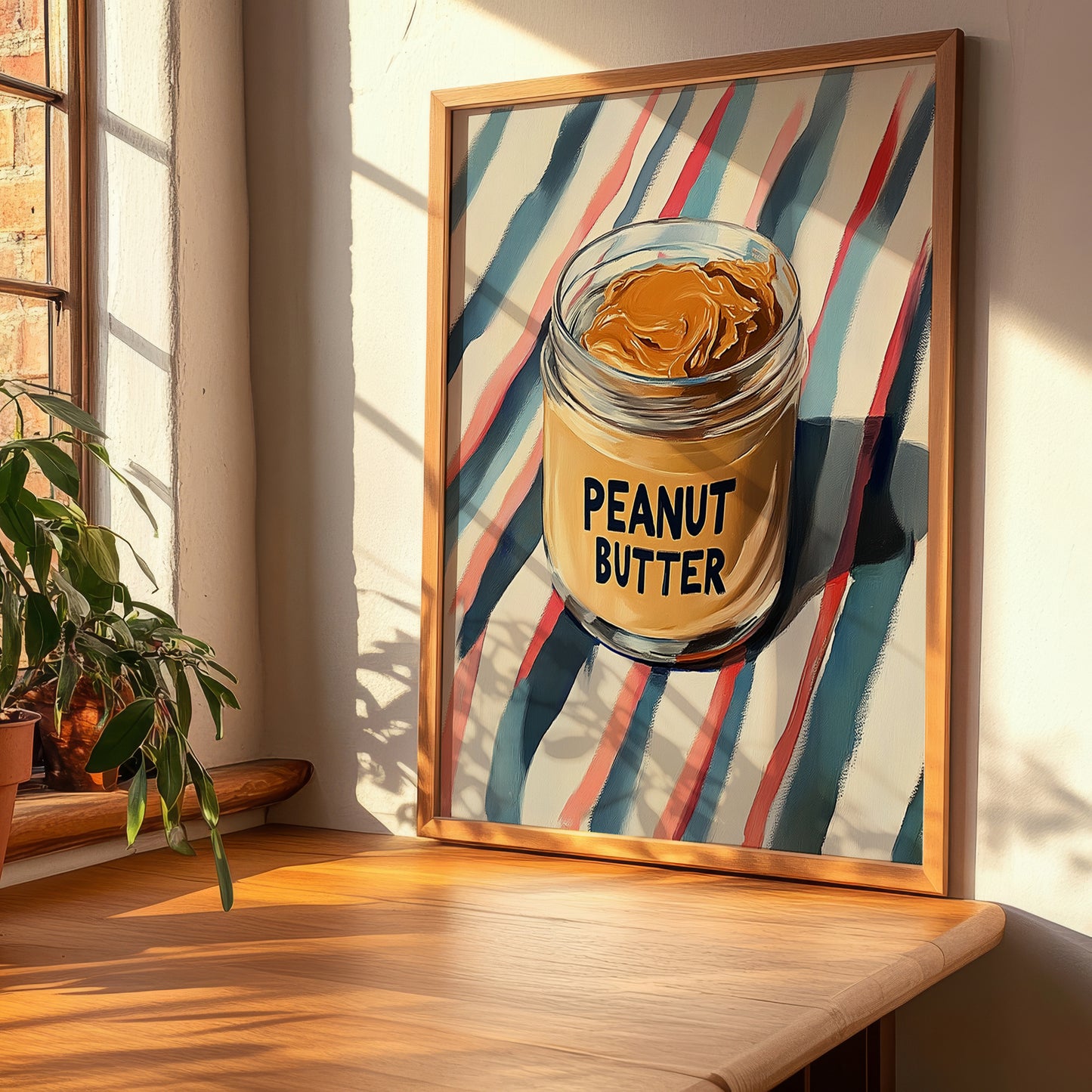 Peanut Butter – on Striped Tablecloth, Food Shelf Still Life, clean layout with no caption
