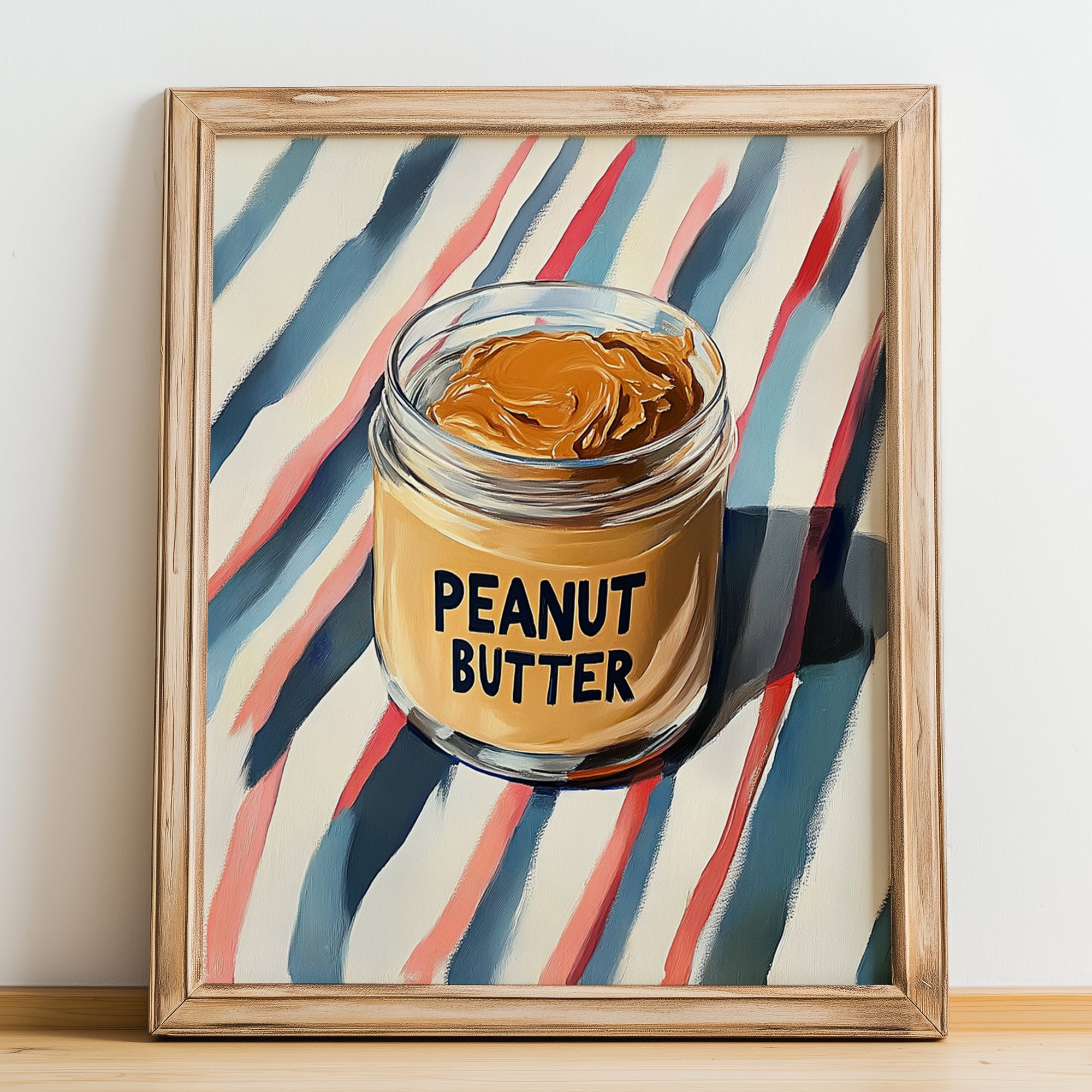 Peanut Butter – on Striped Tablecloth, Food Shelf Still Life, no-text version framed in wood