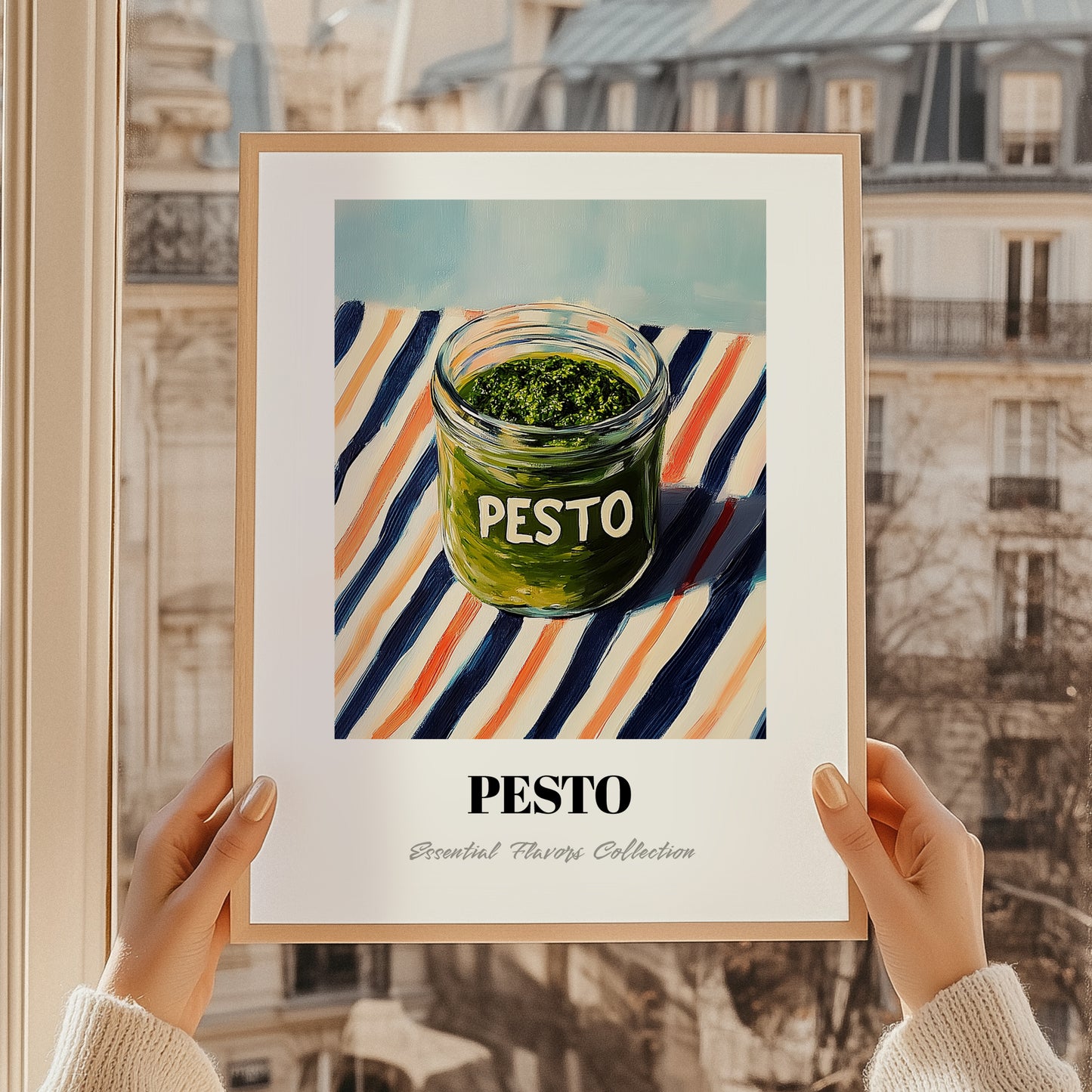 Green Pesto – on Striped Tablecloth, Pantry Print, styled in a charming Paris street view