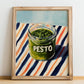 Green Pesto – on Striped Tablecloth, Pantry Print, no-text version framed in wood