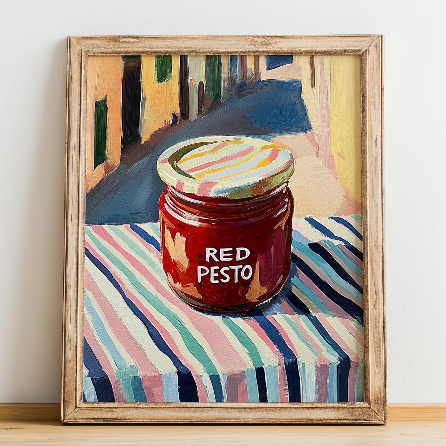 Red Pesto – Italian Café on the Corner, Grocery Still Life, no-text version framed in wood