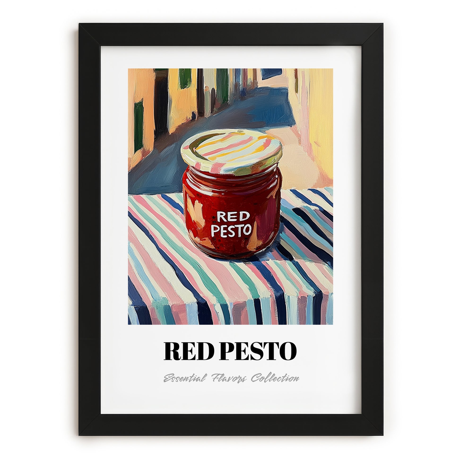 Red Pesto – Italian Café on the Corner, Grocery Still Life, in sleek black frame