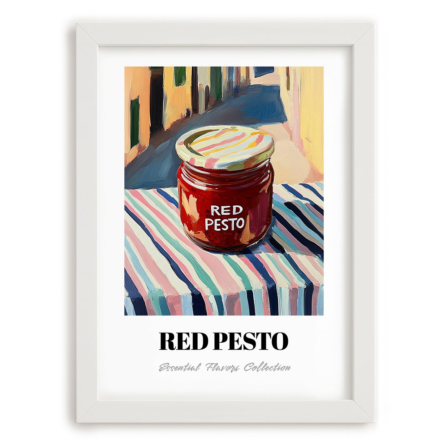 Red Pesto – Italian Café on the Corner, Grocery Still Life, placed in minimal white frame
