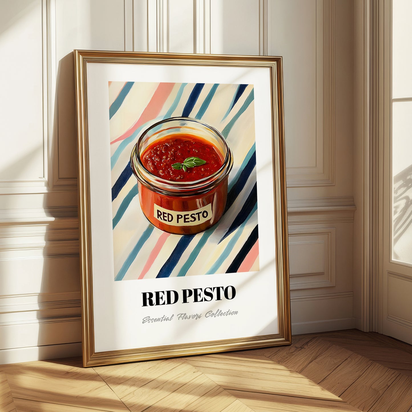 Red Pesto – on Striped Tablecloth, Larder Still Life