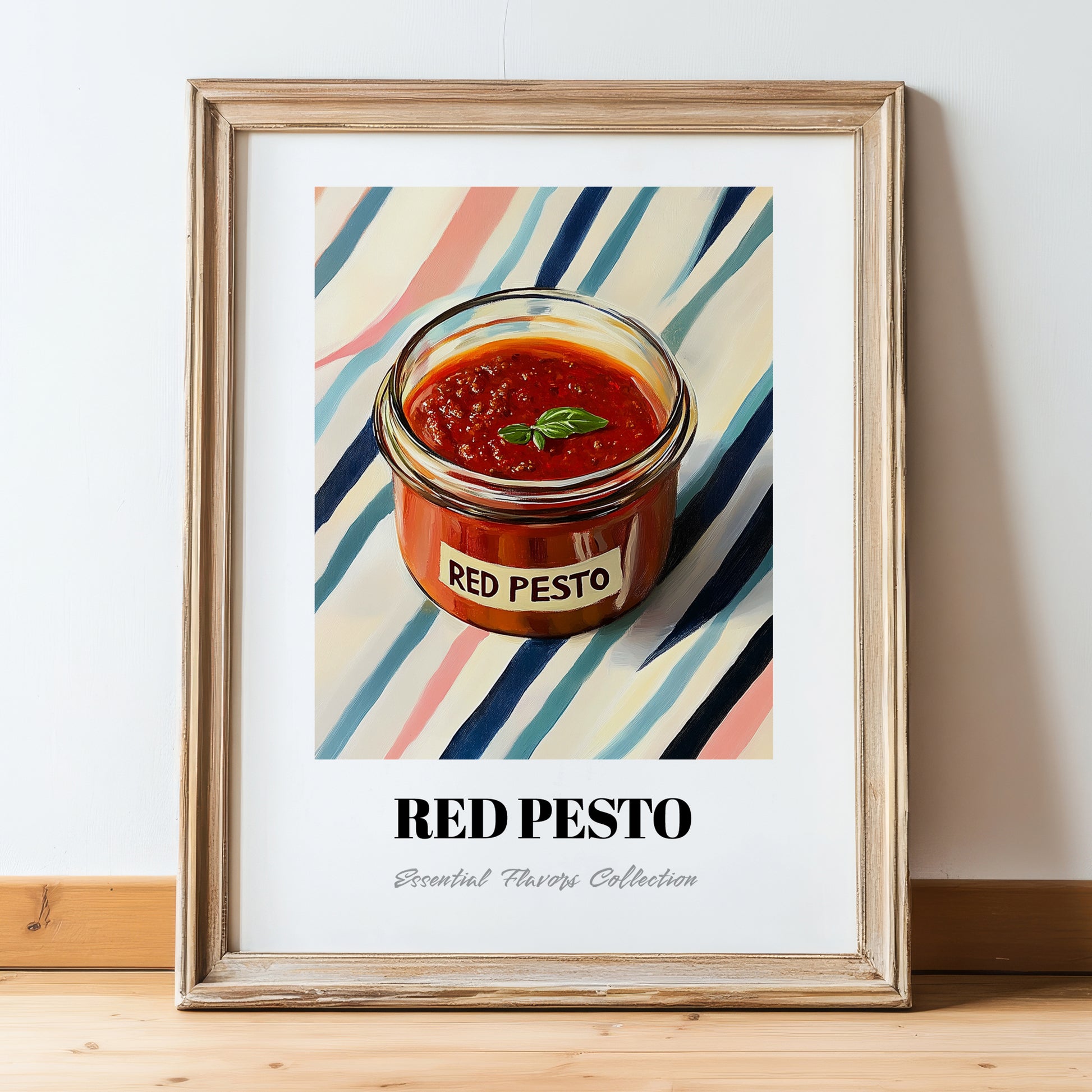 Red Pesto – on Striped Tablecloth, Larder Still Life, in wooden frame leaning on the floor