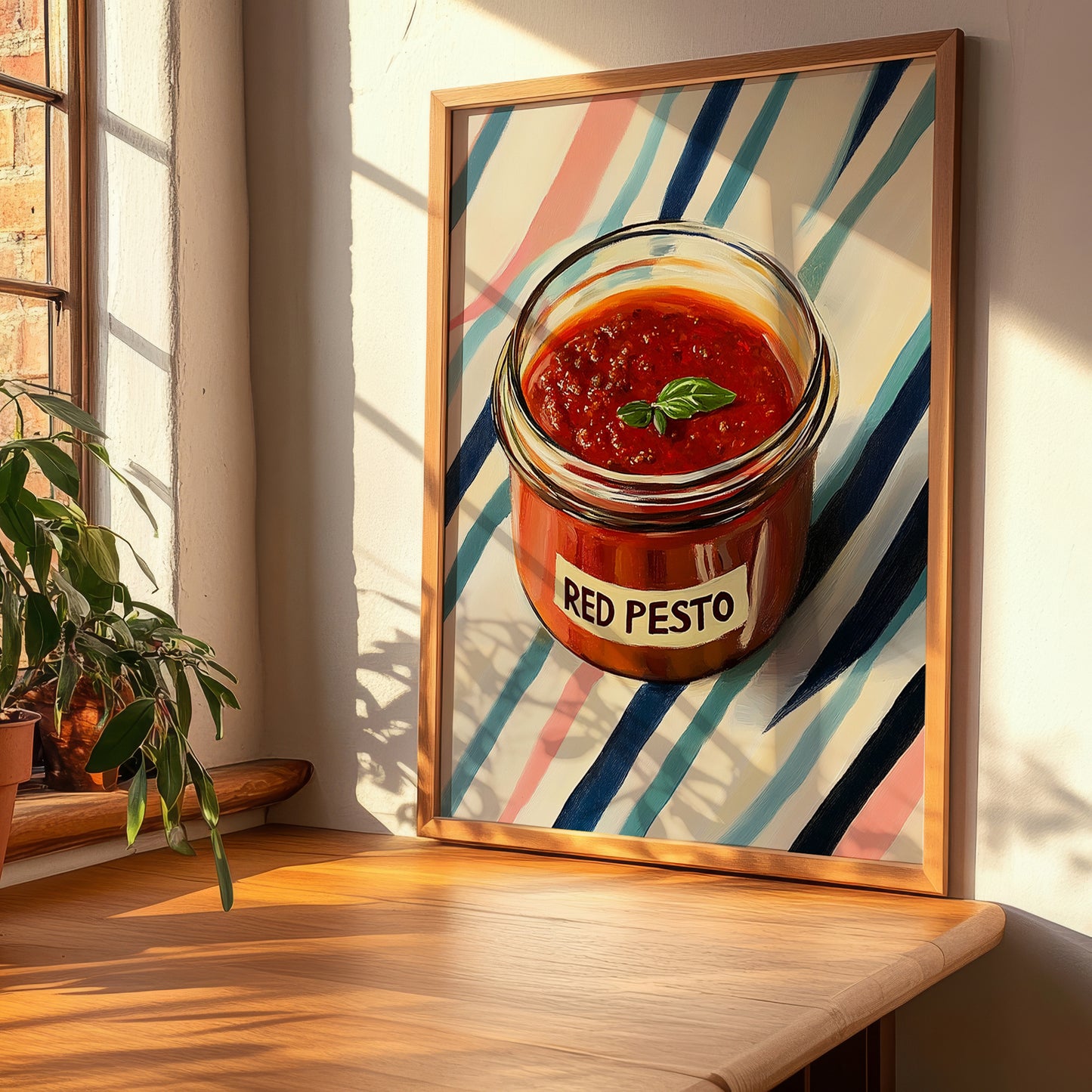 Red Pesto – on Striped Tablecloth, Larder Still Life, clean layout with no caption