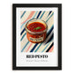Red Pesto – on Striped Tablecloth, Larder Still Life, in sleek black frame