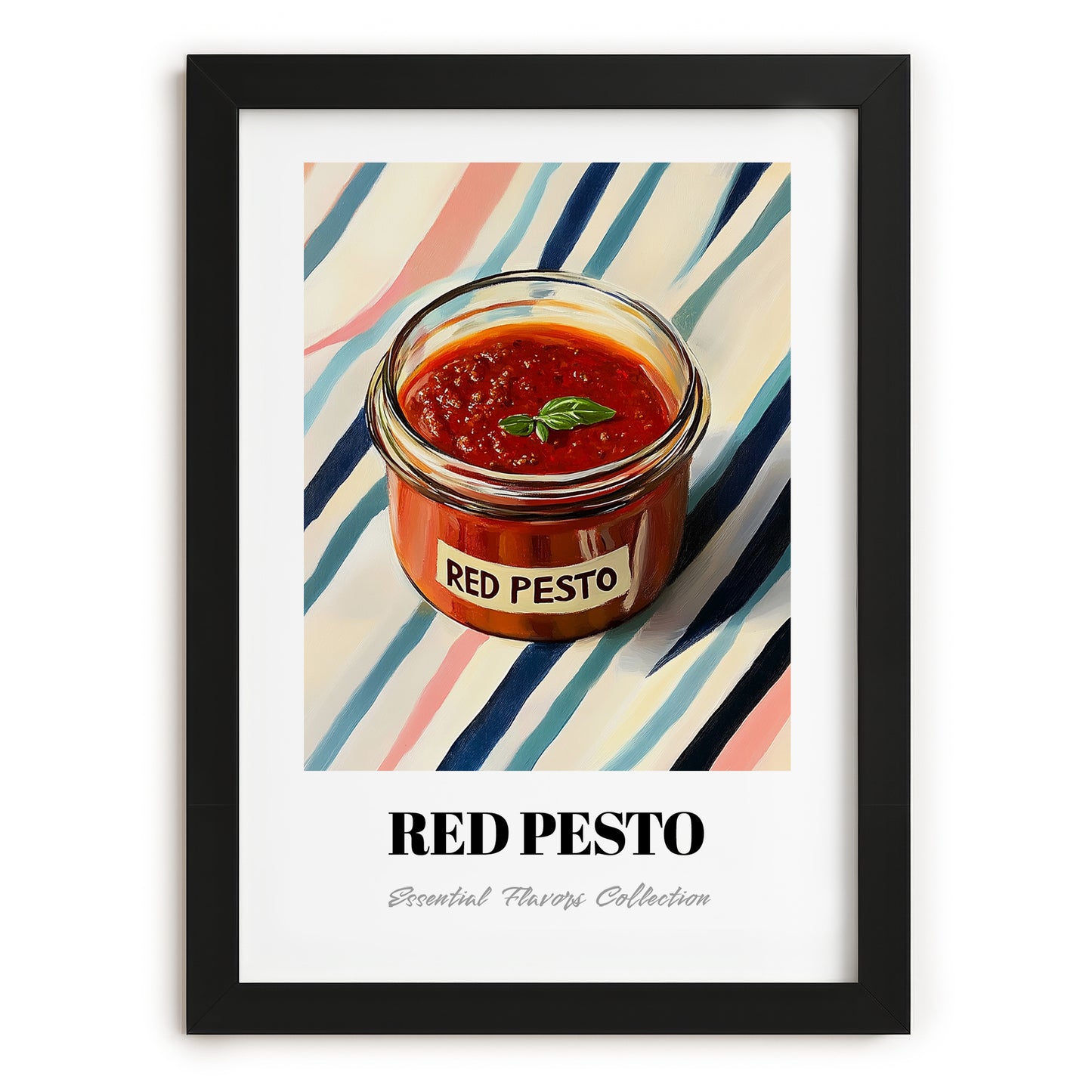 Red Pesto – on Striped Tablecloth, Larder Still Life, in sleek black frame