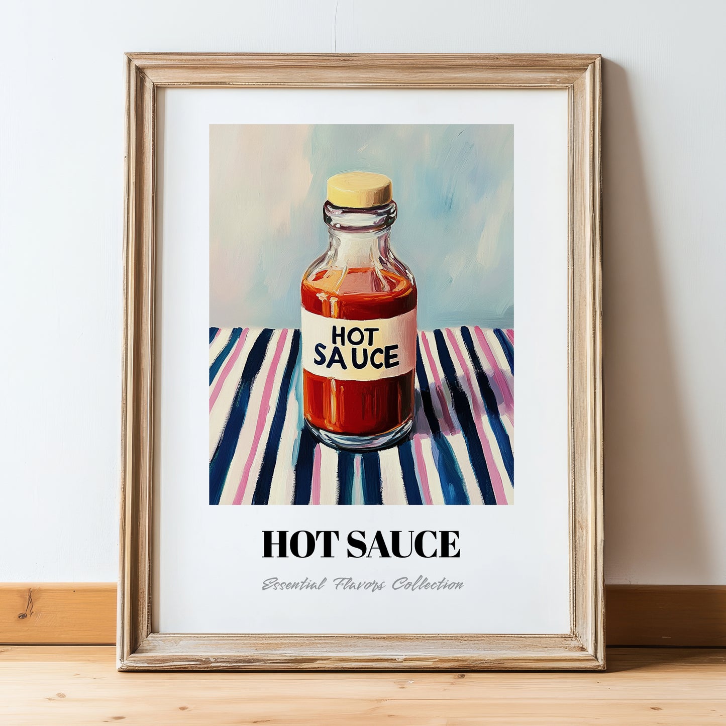 Hot Sauce – on Striped Tablecloth, Bbq Poster, in wooden frame leaning on the floor