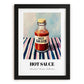 Hot Sauce – on Striped Tablecloth, Bbq Poster, in sleek black frame