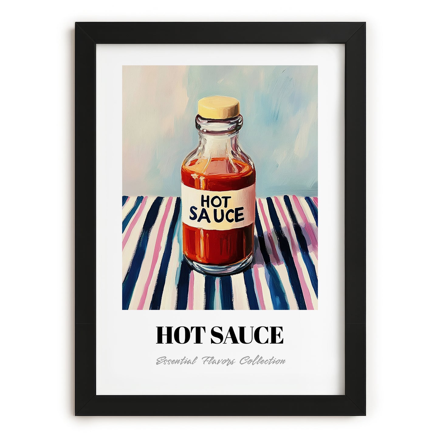 Hot Sauce – on Striped Tablecloth, Bbq Poster, in sleek black frame