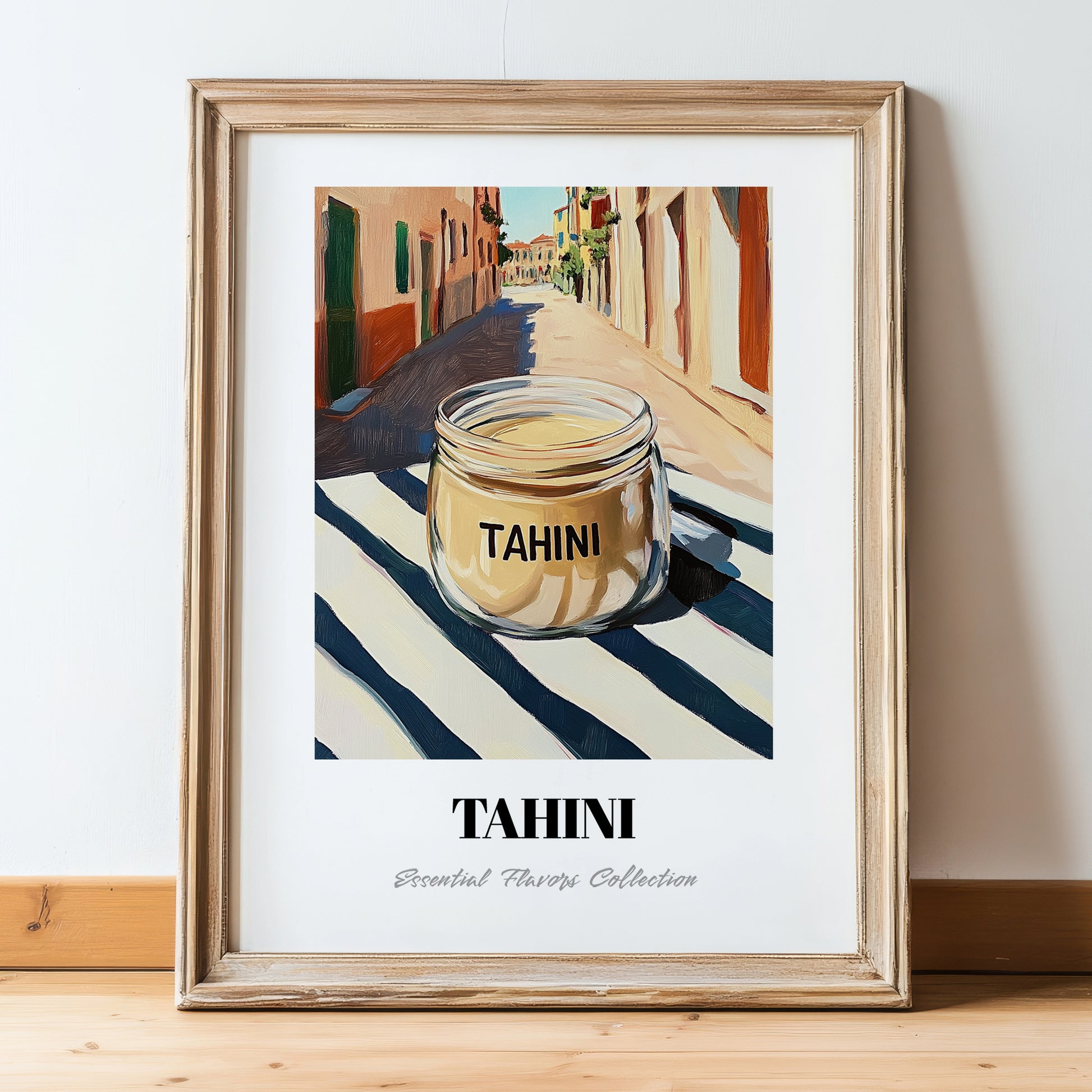 Tahini – Italian Street Café Scene, Kitchen Storage Wall Art, in wooden frame leaning on the floor