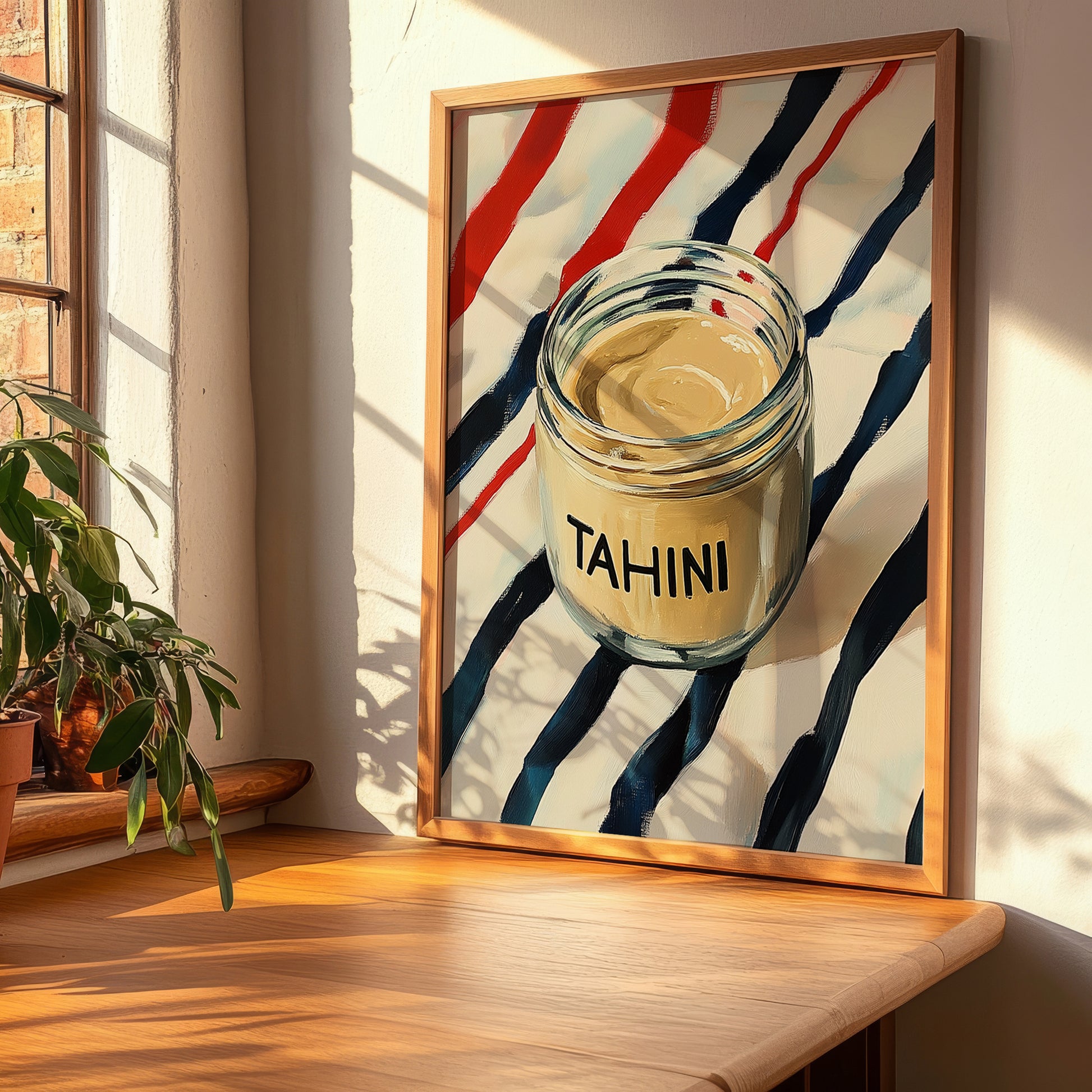 Tahini – on Striped Tablecloth, Grocery Wall Decor, clean layout with no caption