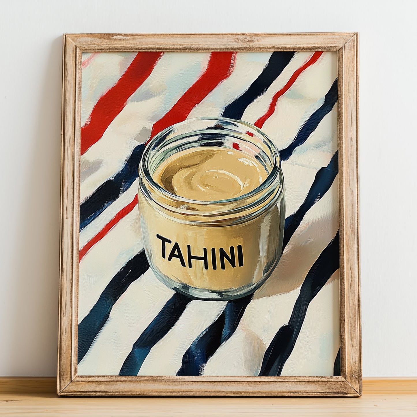 Tahini – on Striped Tablecloth, Grocery Wall Decor, no-text version framed in wood