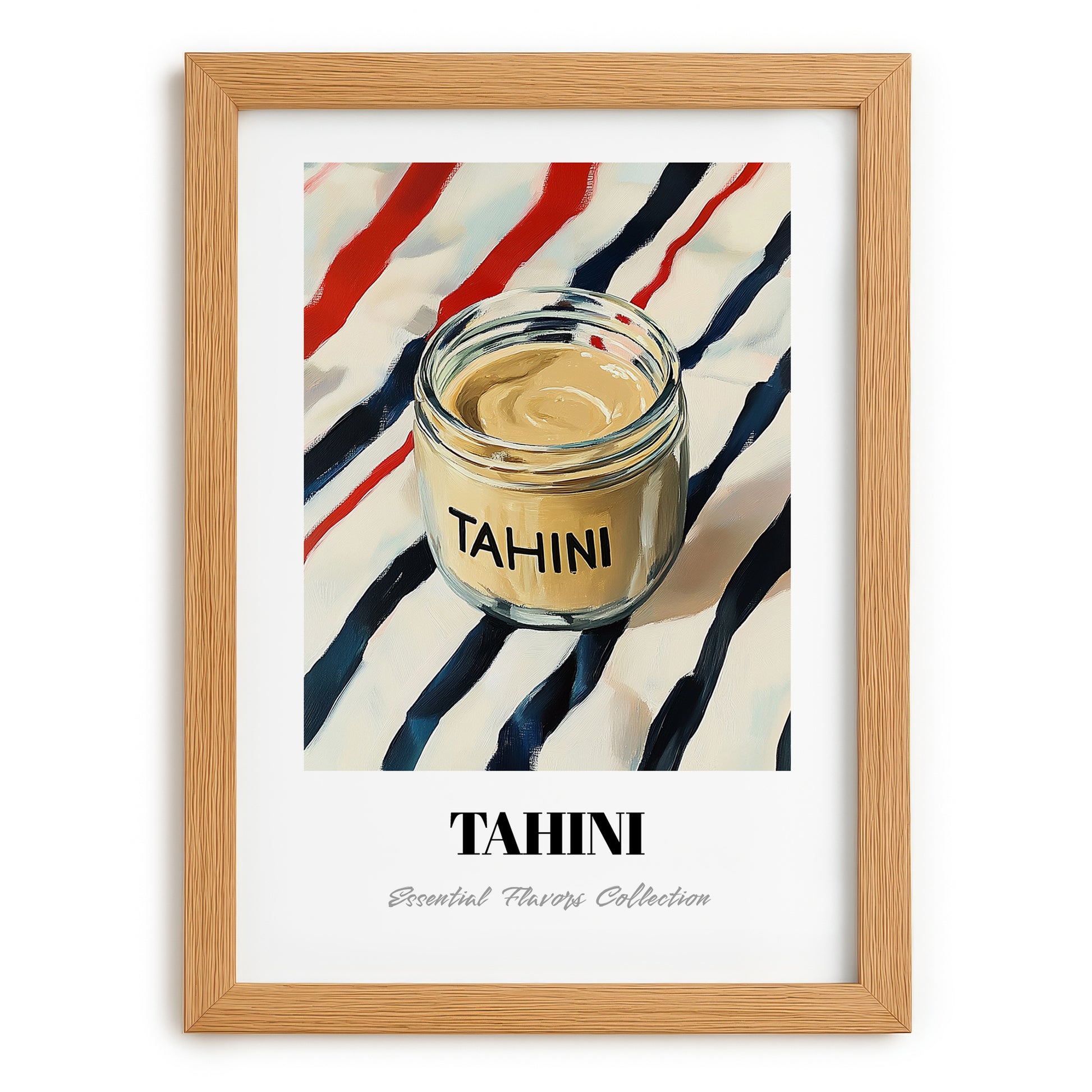 Tahini – on Striped Tablecloth, Grocery Wall Decor, set in oak frame