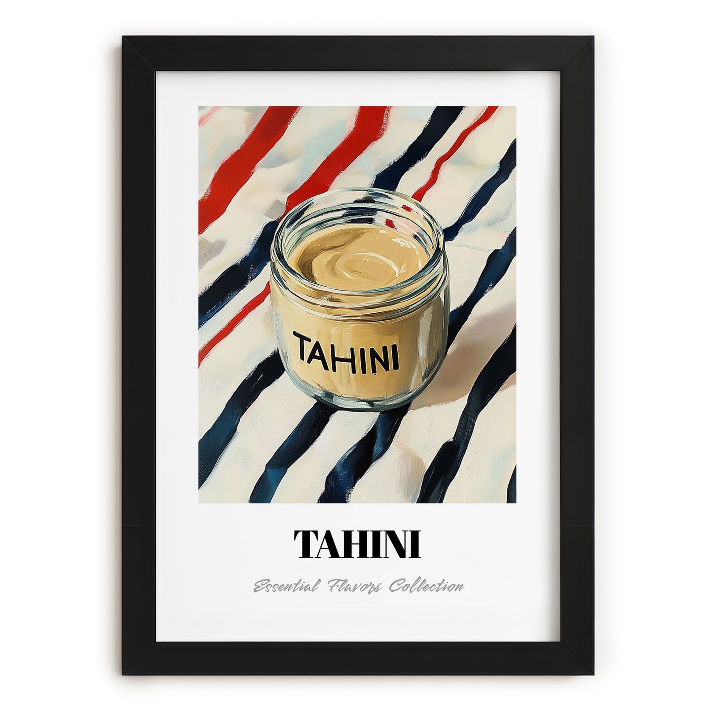 Tahini – on Striped Tablecloth, Grocery Wall Decor, in sleek black frame