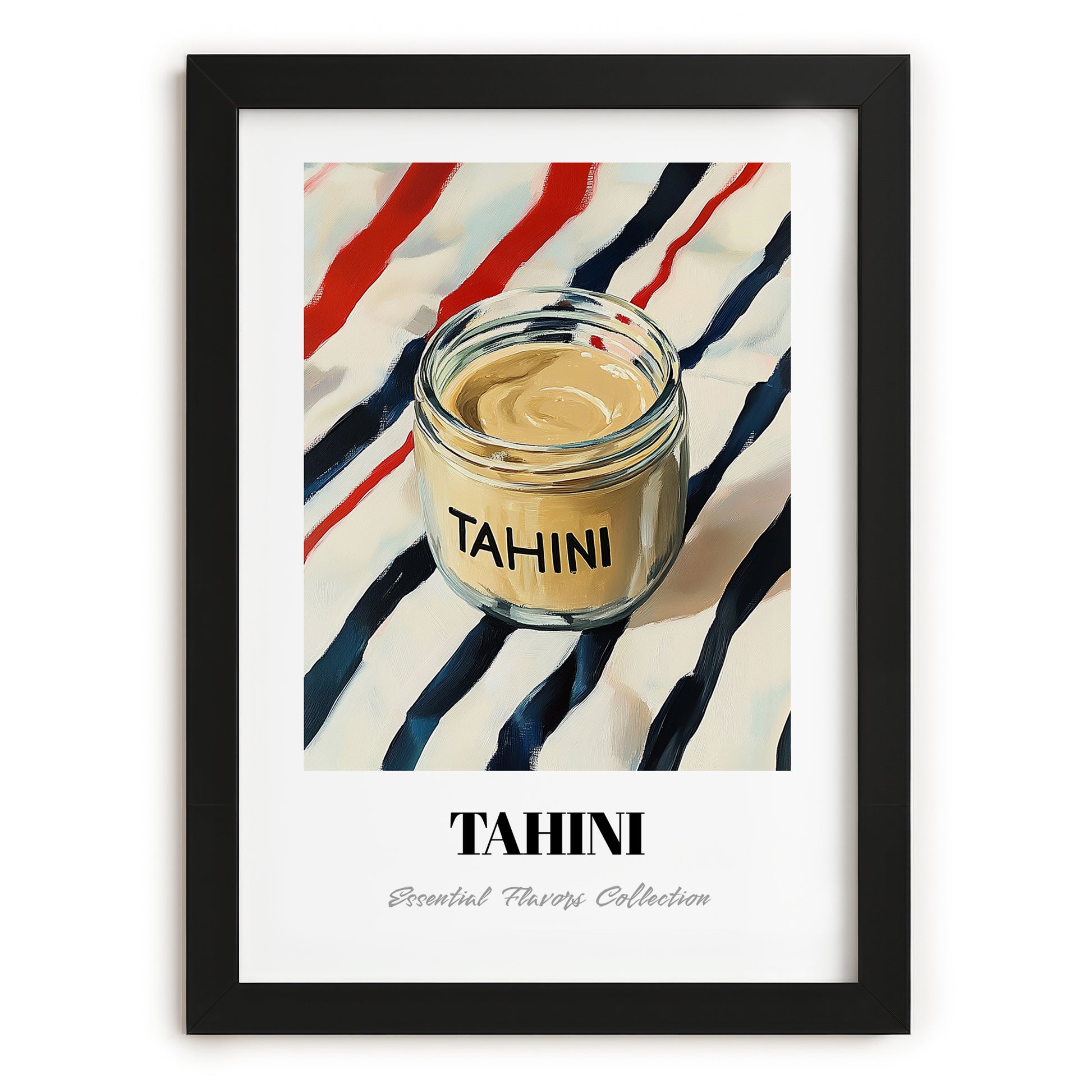 Tahini – on Striped Tablecloth, Grocery Wall Decor, in sleek black frame