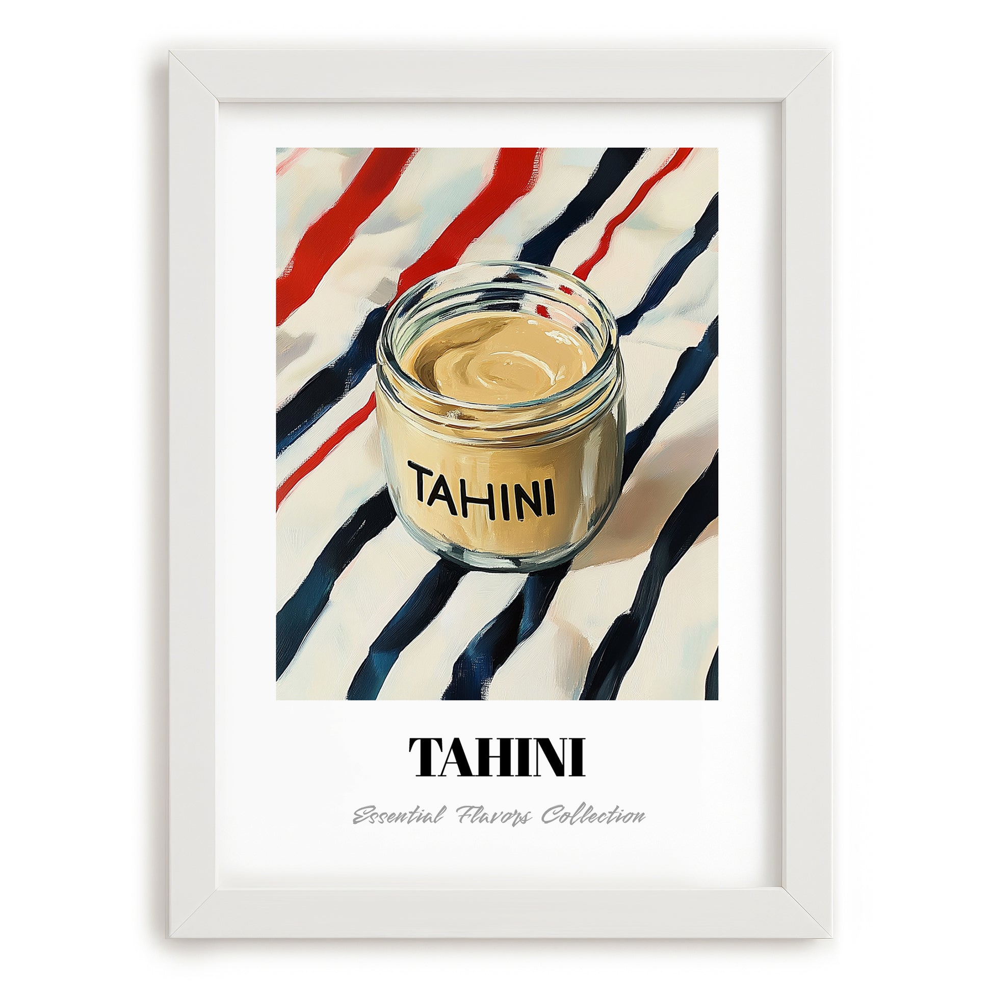 Tahini – on Striped Tablecloth, Grocery Wall Decor, placed in minimal white frame