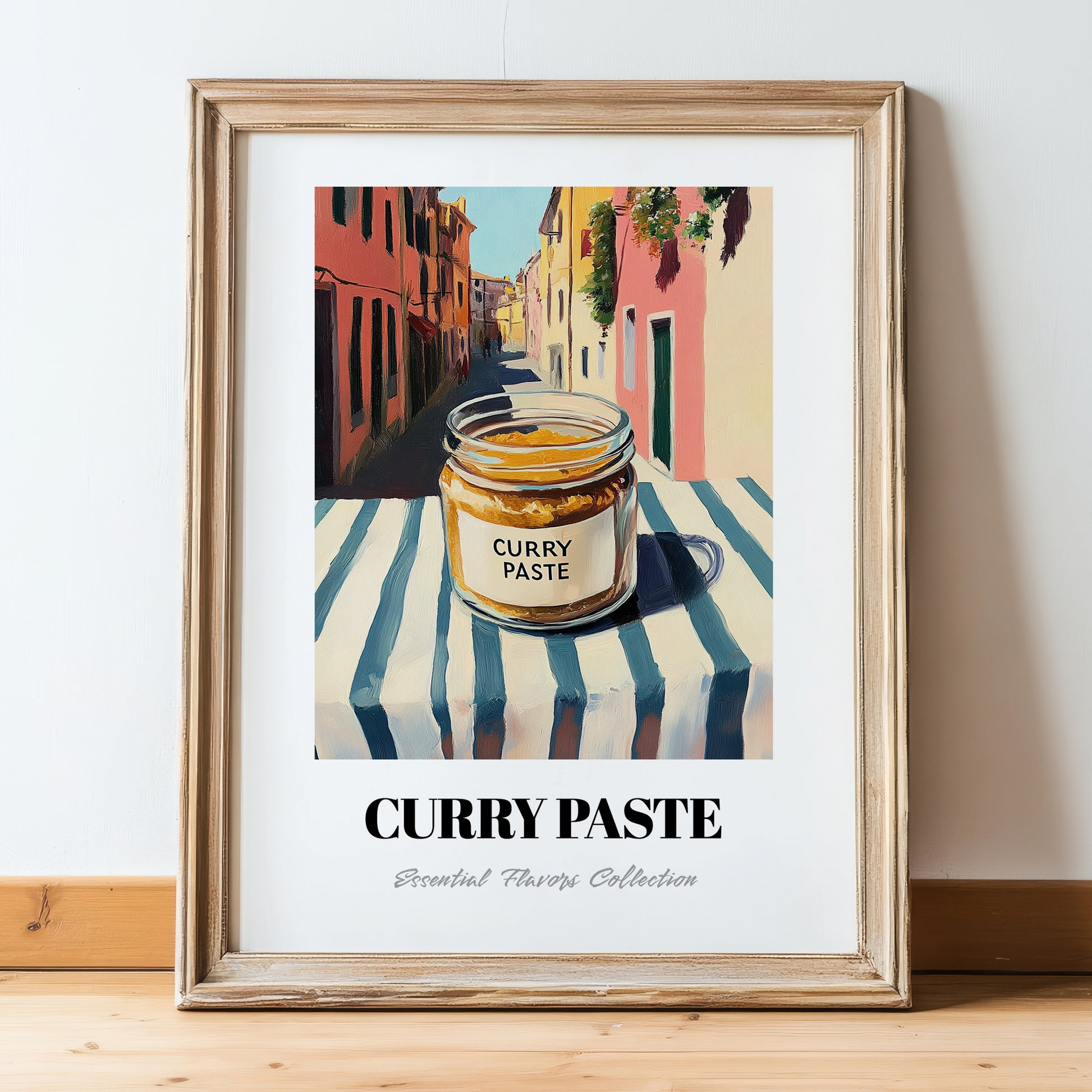 Curry Paste – Italian Urban Café Scene, Shelf Stock Art, in wooden frame leaning on the floor