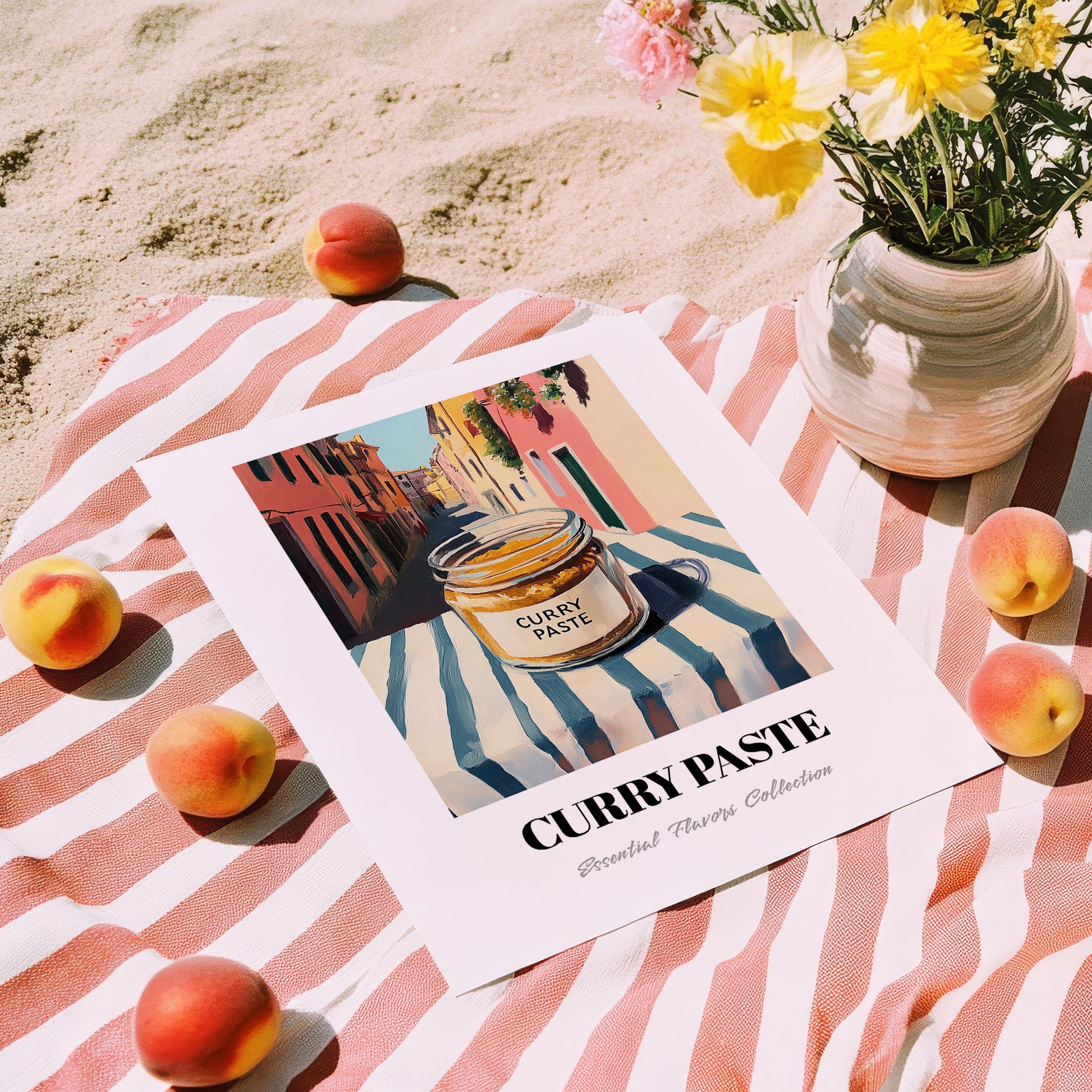 Curry Paste – Italian Urban Café Scene, Shelf Stock Art, unframed on coastal sand