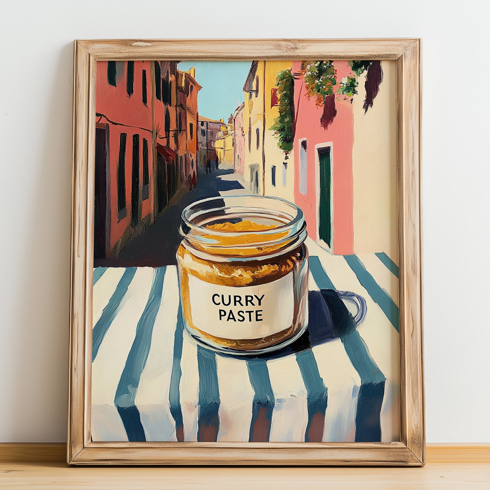 Curry Paste – Italian Urban Café Scene, Shelf Stock Art, no-text version framed in wood