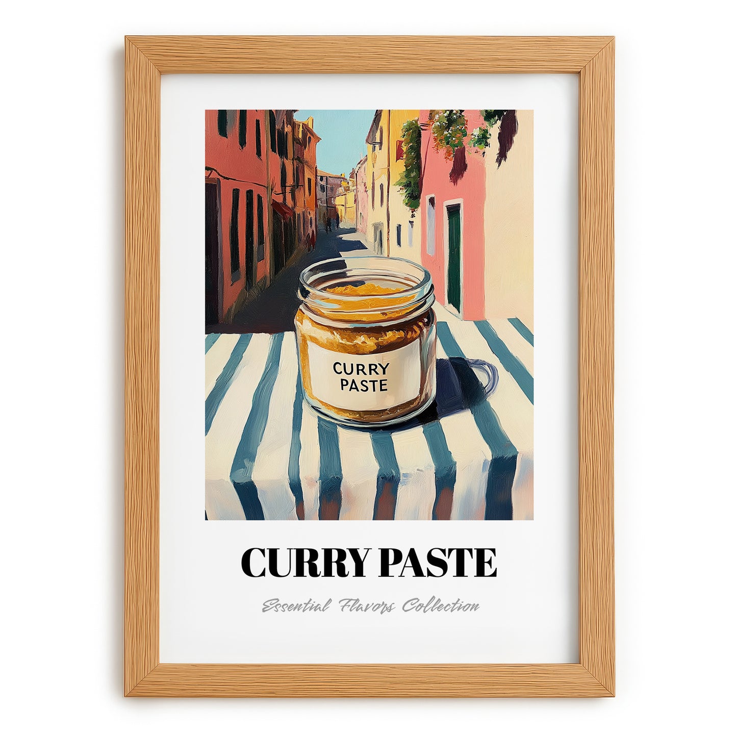 Curry Paste – Italian Urban Café Scene, Shelf Stock Art, set in oak frame