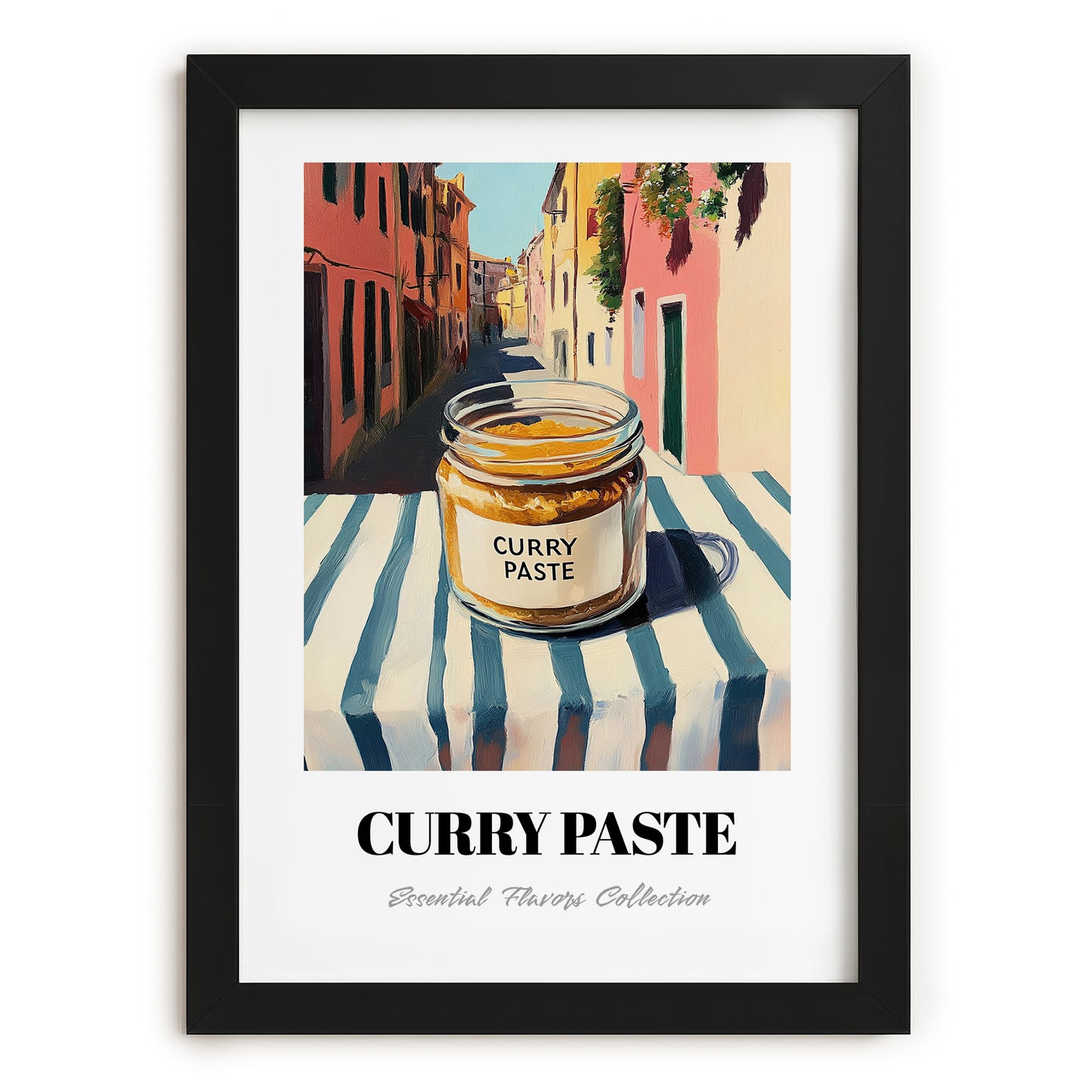 Curry Paste – Italian Urban Café Scene, Shelf Stock Art, in sleek black frame