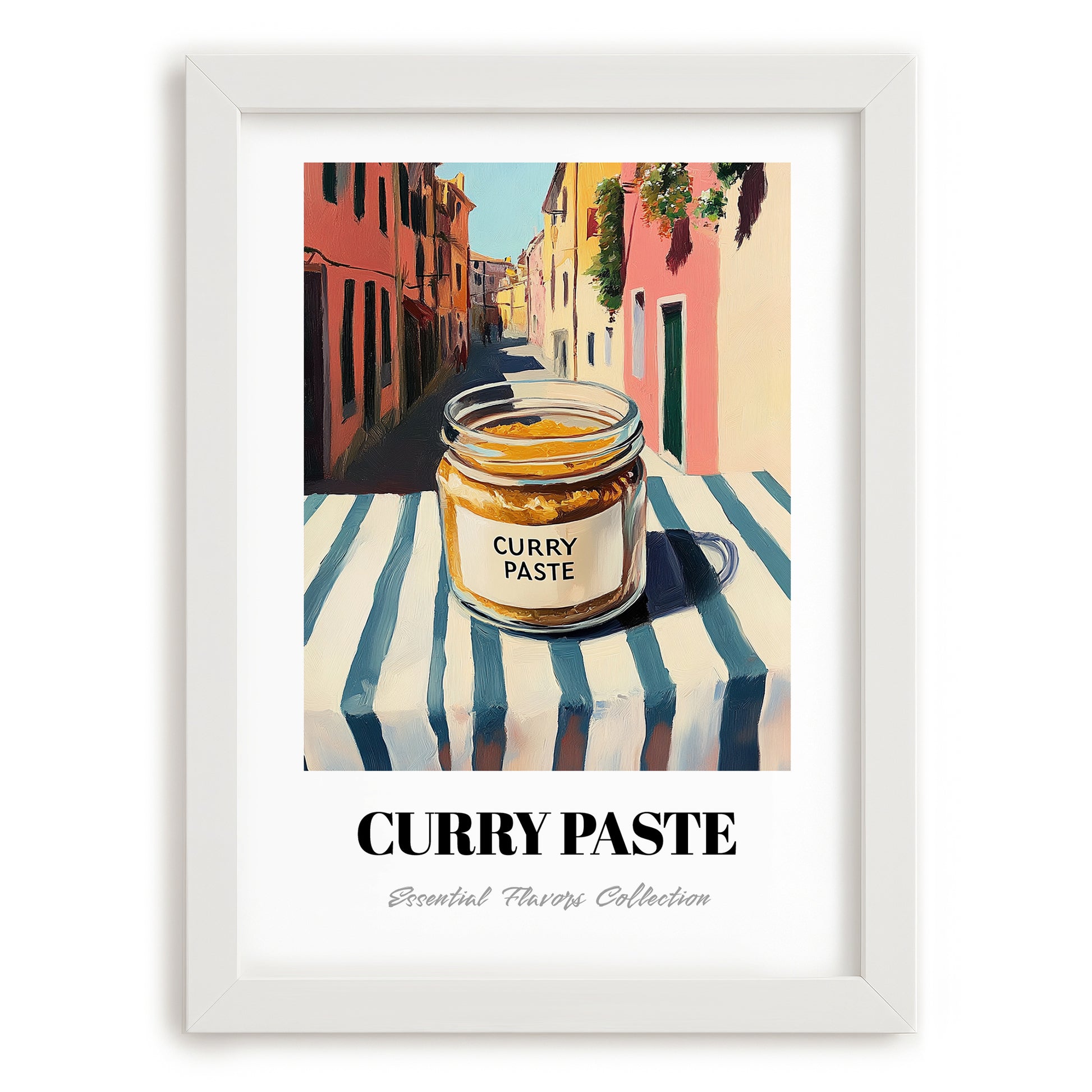 Curry Paste – Italian Urban Café Scene, Shelf Stock Art, placed in minimal white frame
