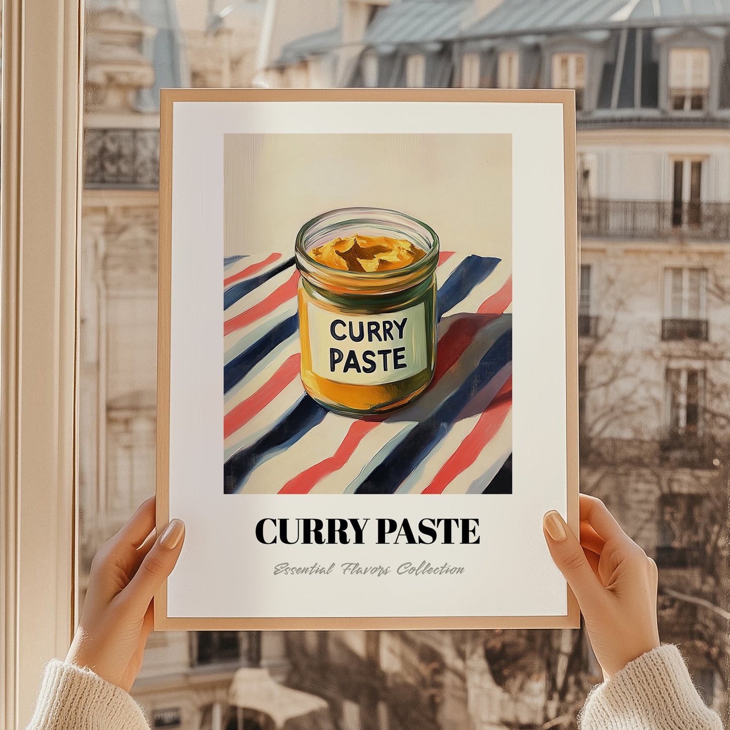 Curry Paste – on Striped Tablecloth, Pantry Illustration, styled in a charming Paris street view