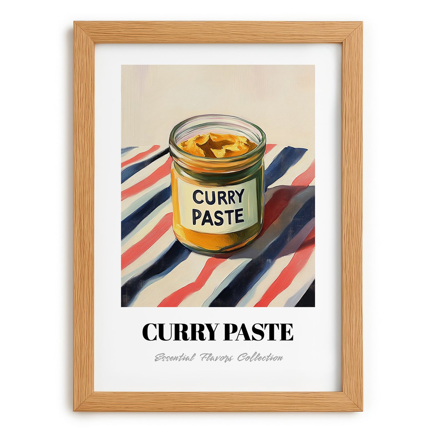 Curry Paste – on Striped Tablecloth, Pantry Illustration, set in oak frame
