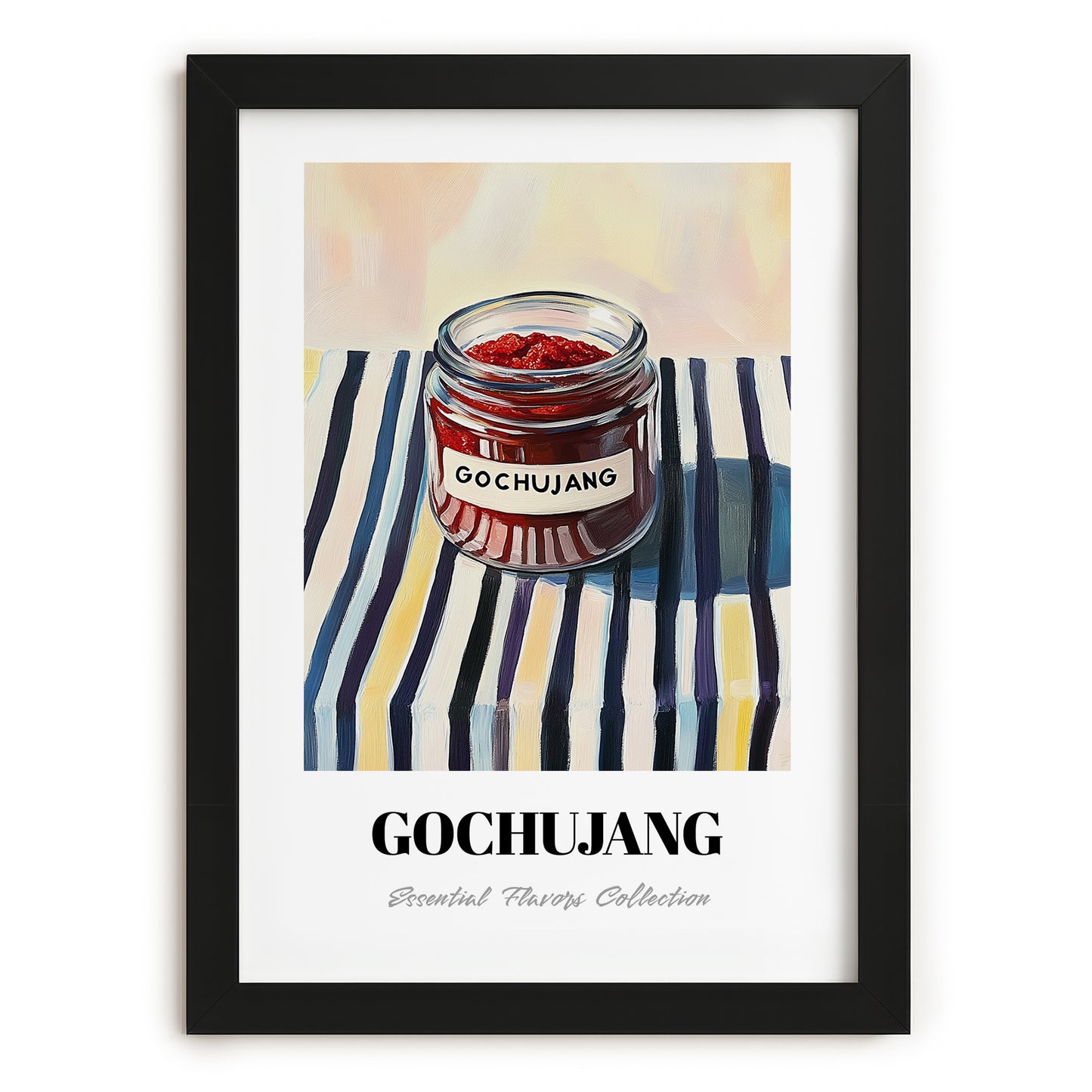 Gochujang – on Striped Tablecloth, Pantry Wall Art, in sleek black frame