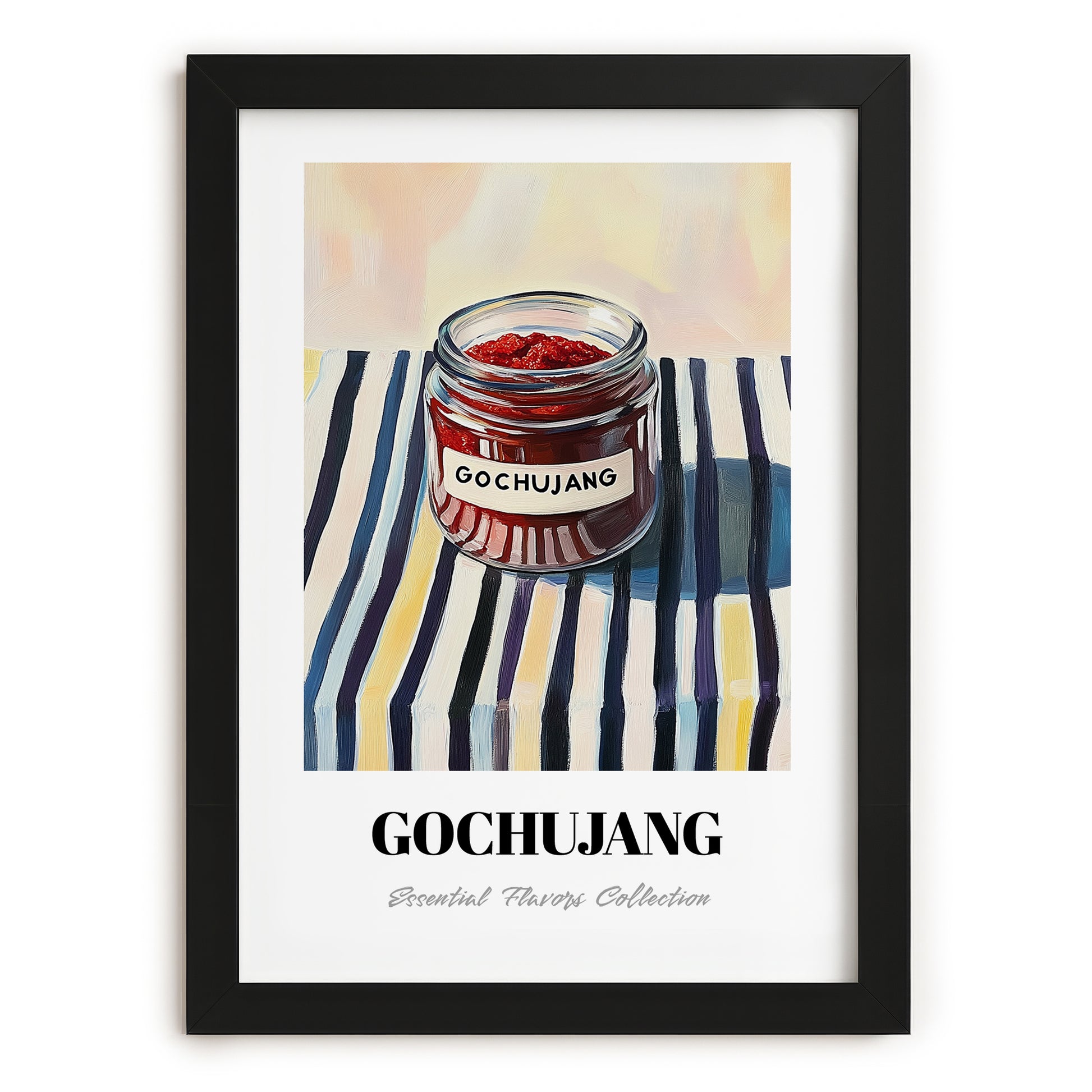 Gochujang – on Striped Tablecloth, Pantry Wall Art, in sleek black frame