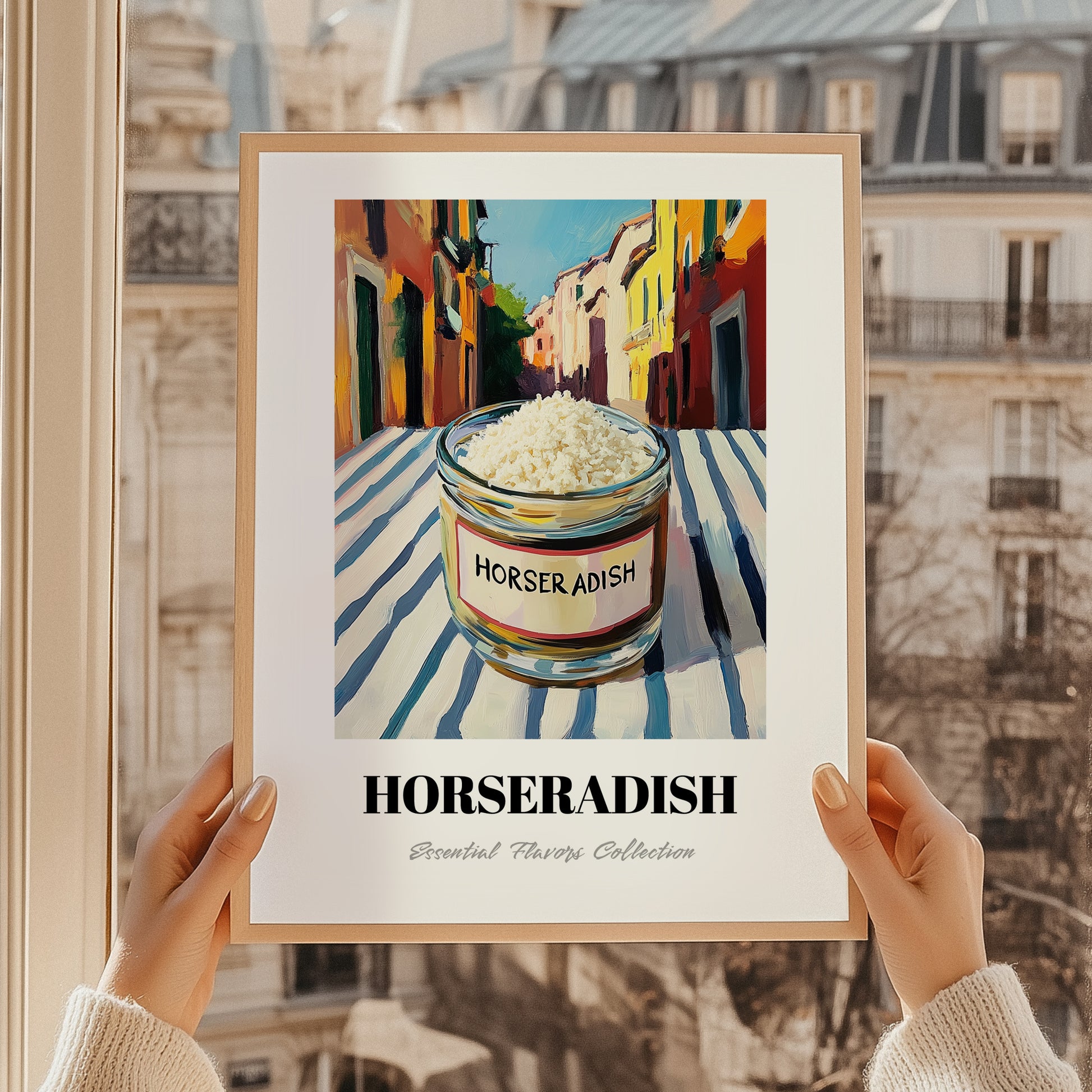 Horseradish – Italian Street Café Scene, Grocery Still Life, styled in a charming Paris street view
