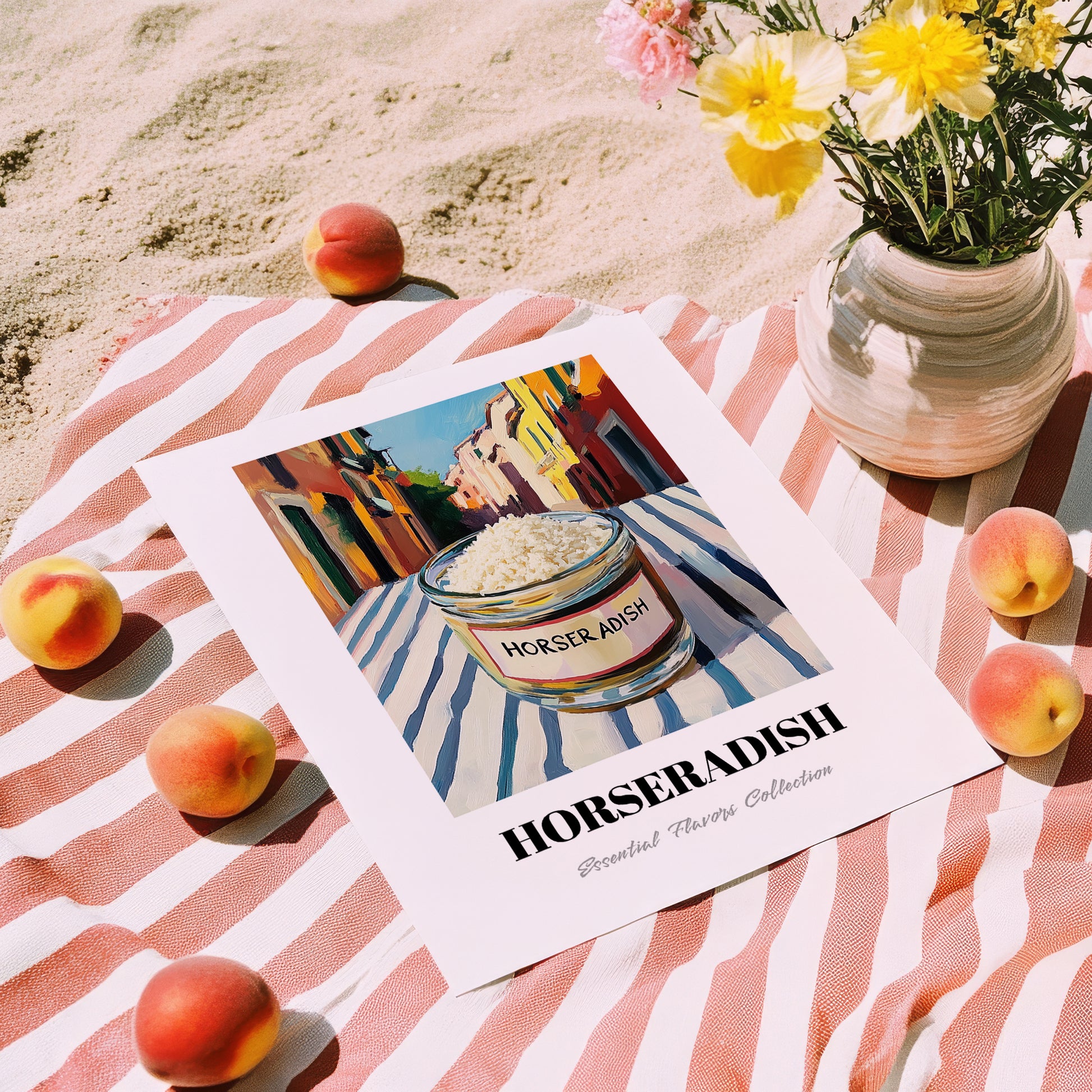 Horseradish – Italian Street Café Scene, Grocery Still Life, unframed on coastal sand