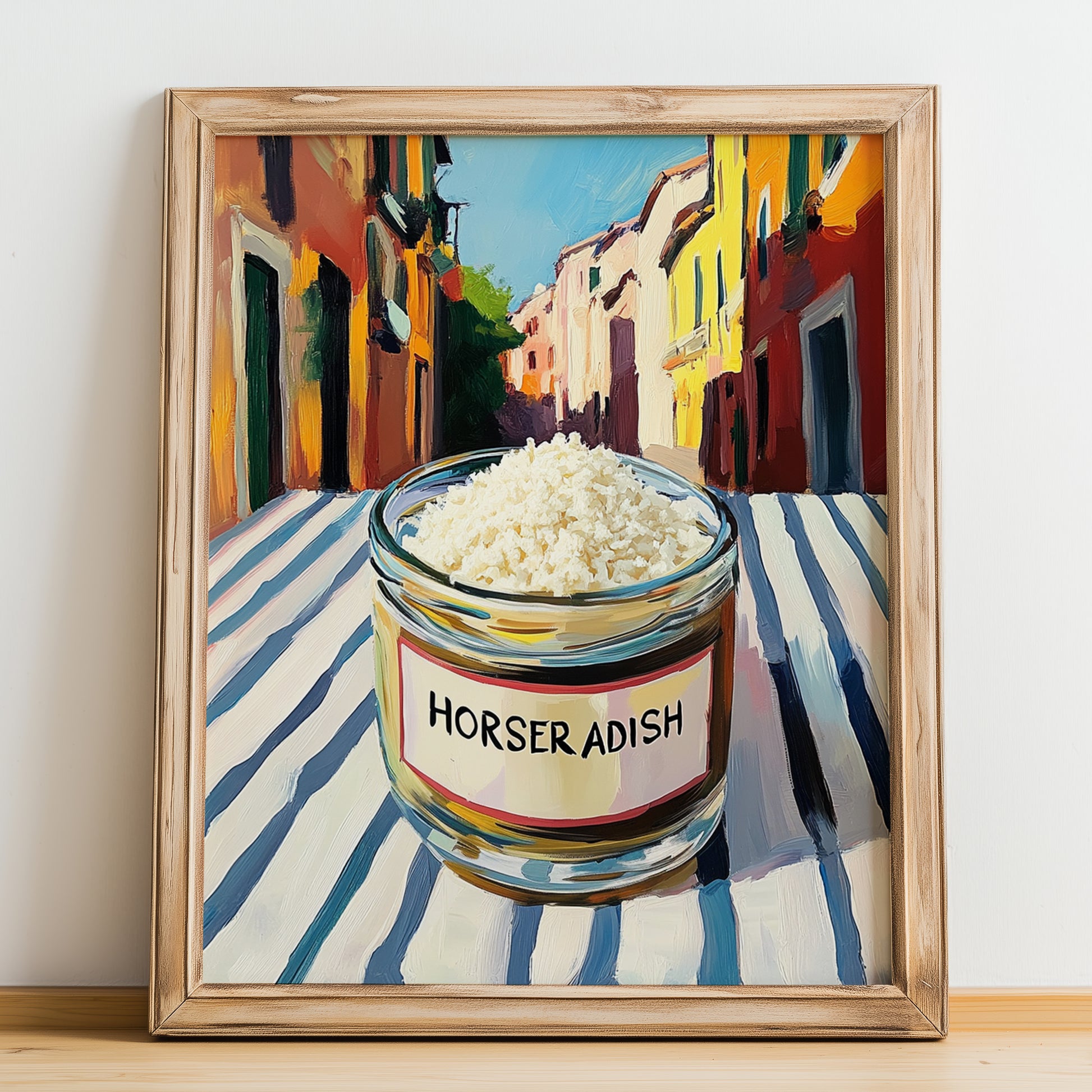 Horseradish – Italian Street Café Scene, Grocery Still Life, no-text version framed in wood