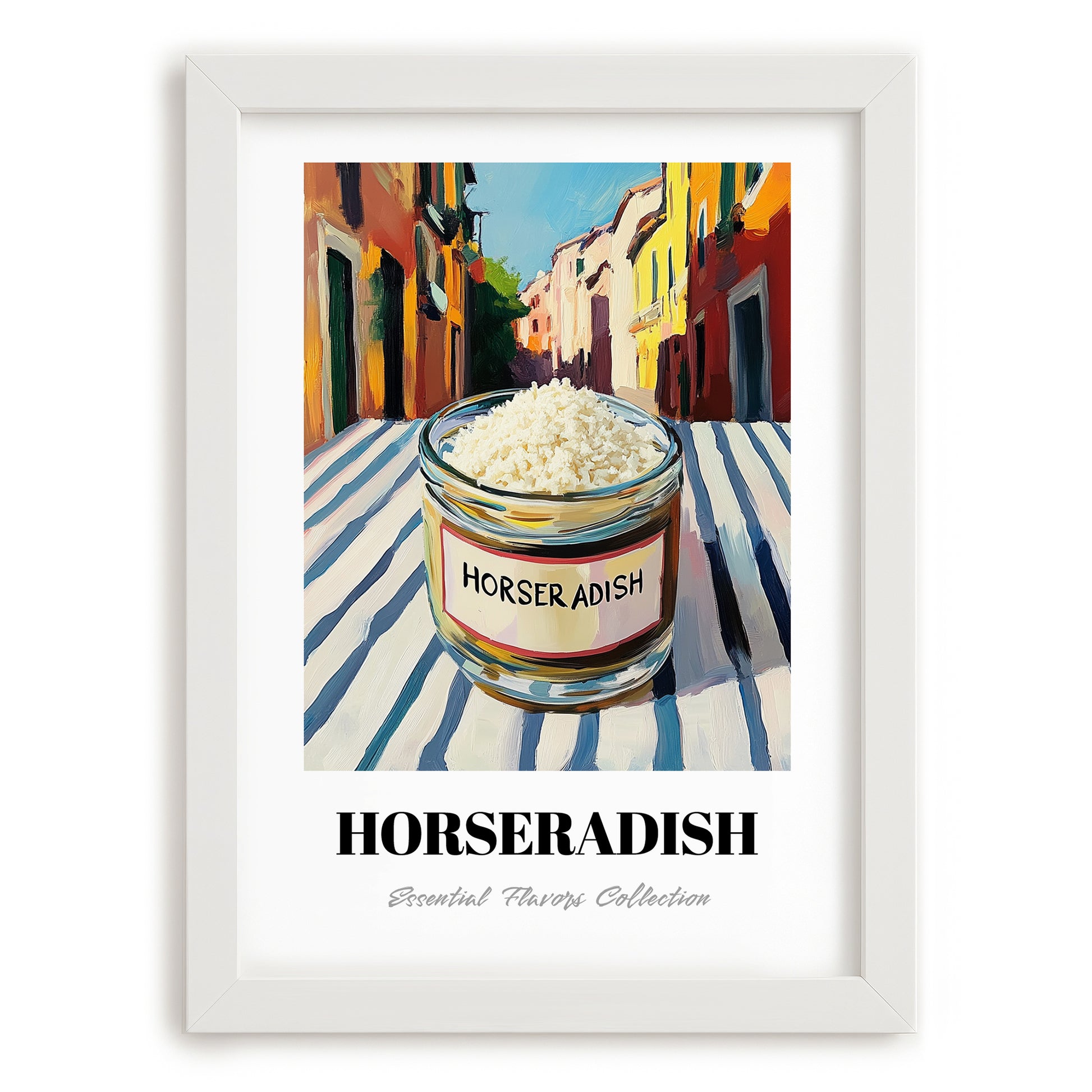Horseradish – Italian Street Café Scene, Grocery Still Life, placed in minimal white frame