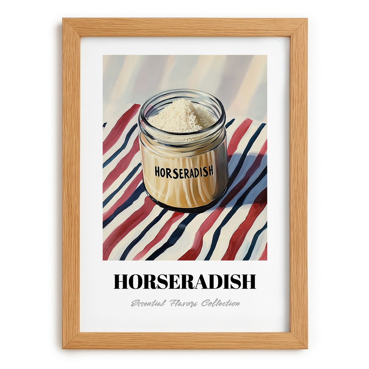 Horseradish – on Striped Tablecloth, Kitchen Storage Wall Decor, set in oak frame