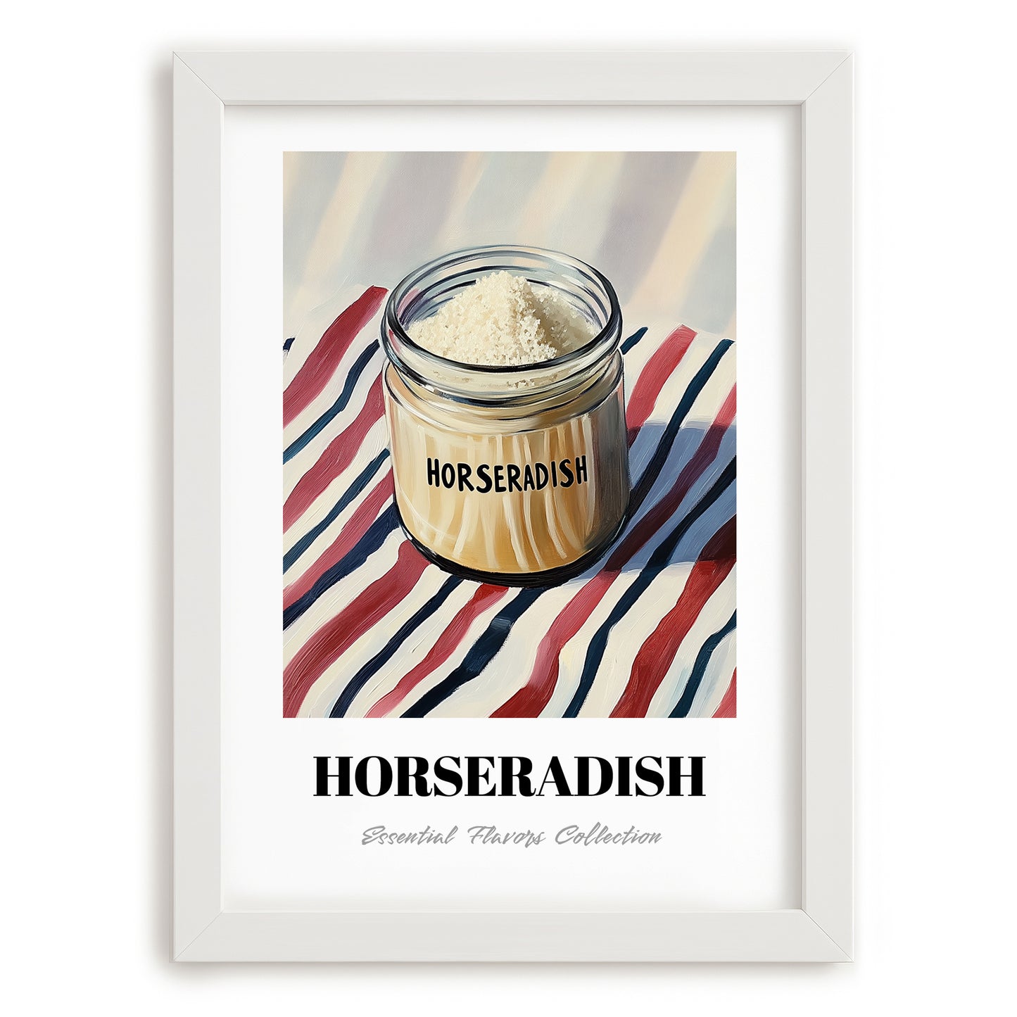 Horseradish – on Striped Tablecloth, Kitchen Storage Wall Decor, placed in minimal white frame