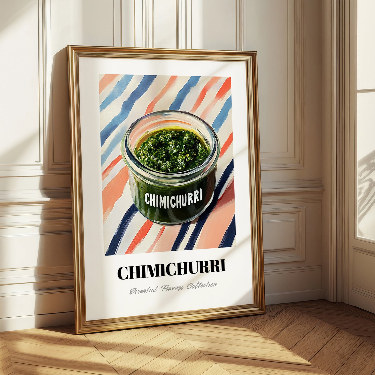 Chimichurri – on Striped Tablecloth, Kitchen Storage Wall Poster