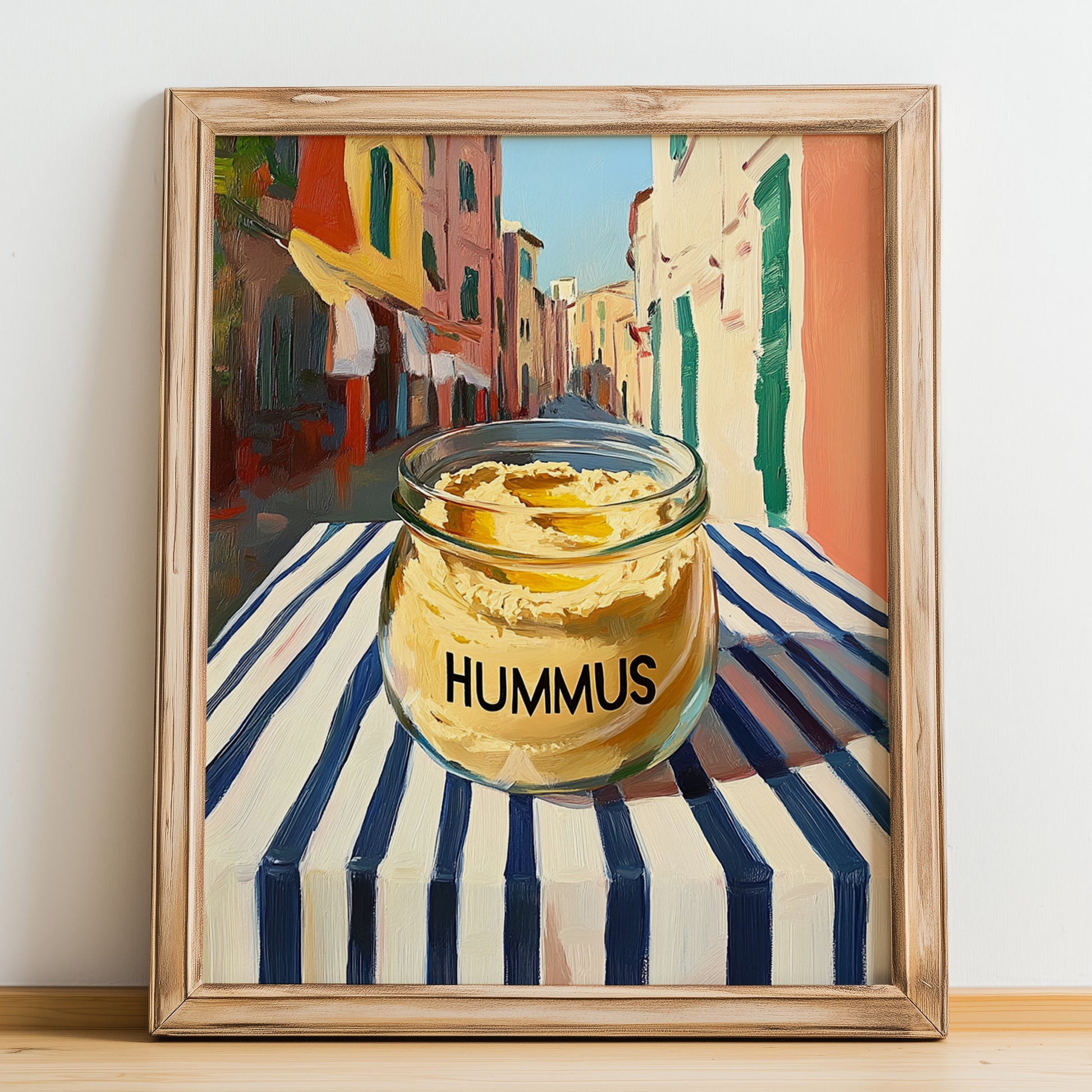 Hummus – Italian Street Café Scene, Pantry Poster, no-text version framed in wood