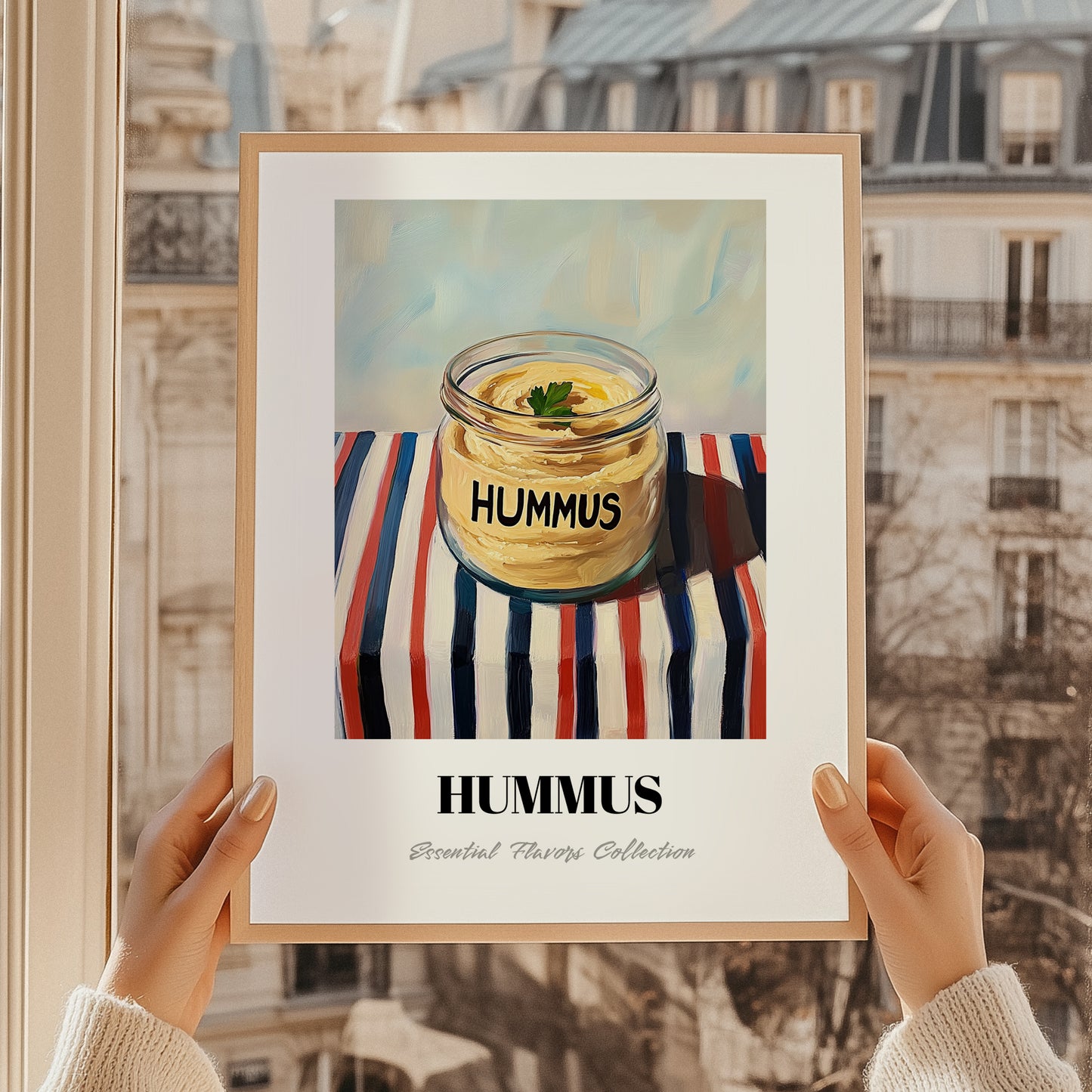 Hummus – on Striped Tablecloth, Pantry Painting, styled in a charming Paris street view