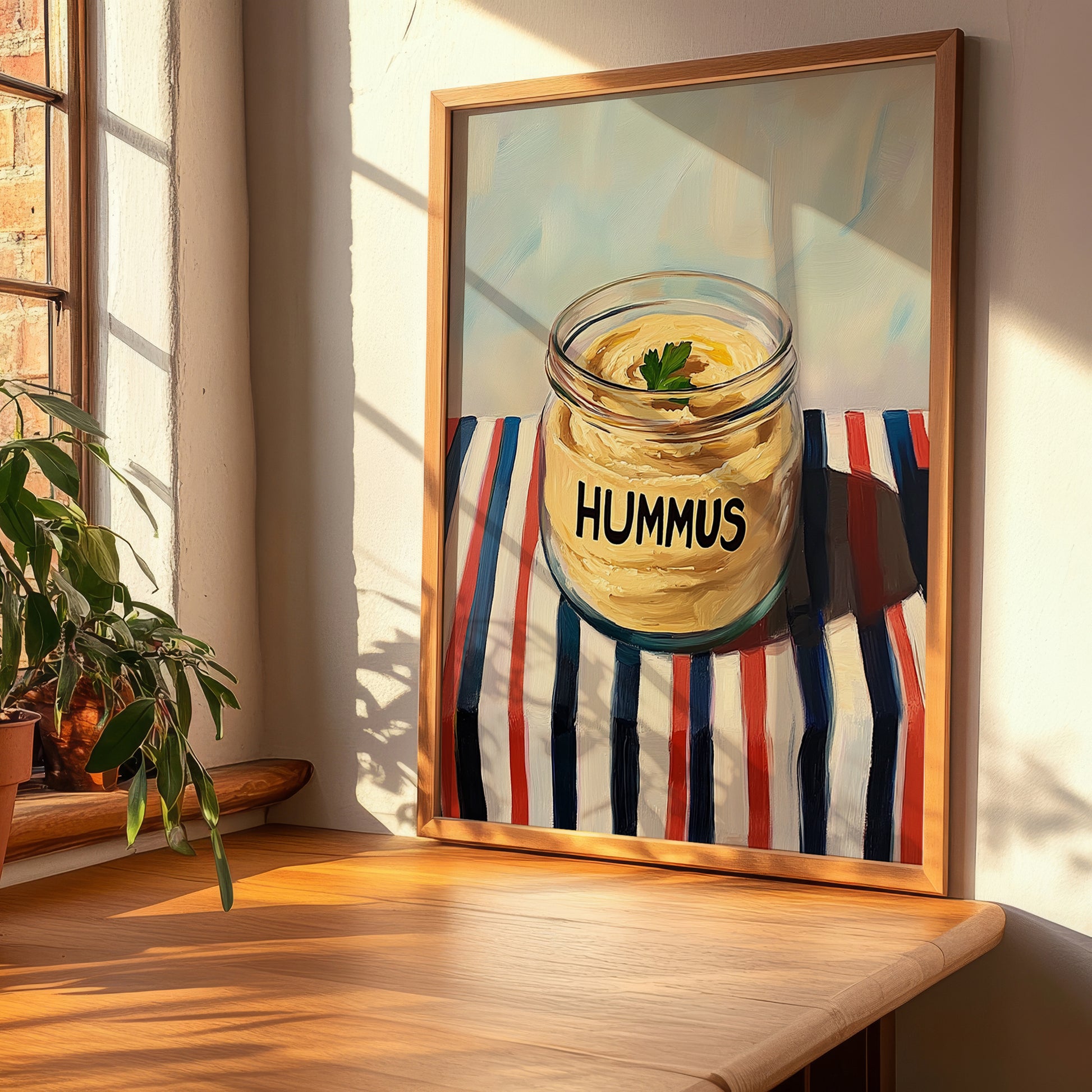 Hummus – on Striped Tablecloth, Pantry Painting, clean layout with no caption
