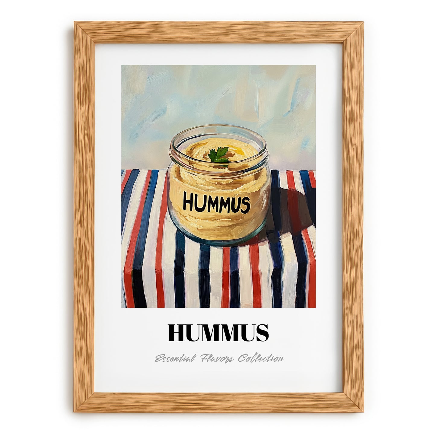 Hummus – on Striped Tablecloth, Pantry Painting, set in oak frame