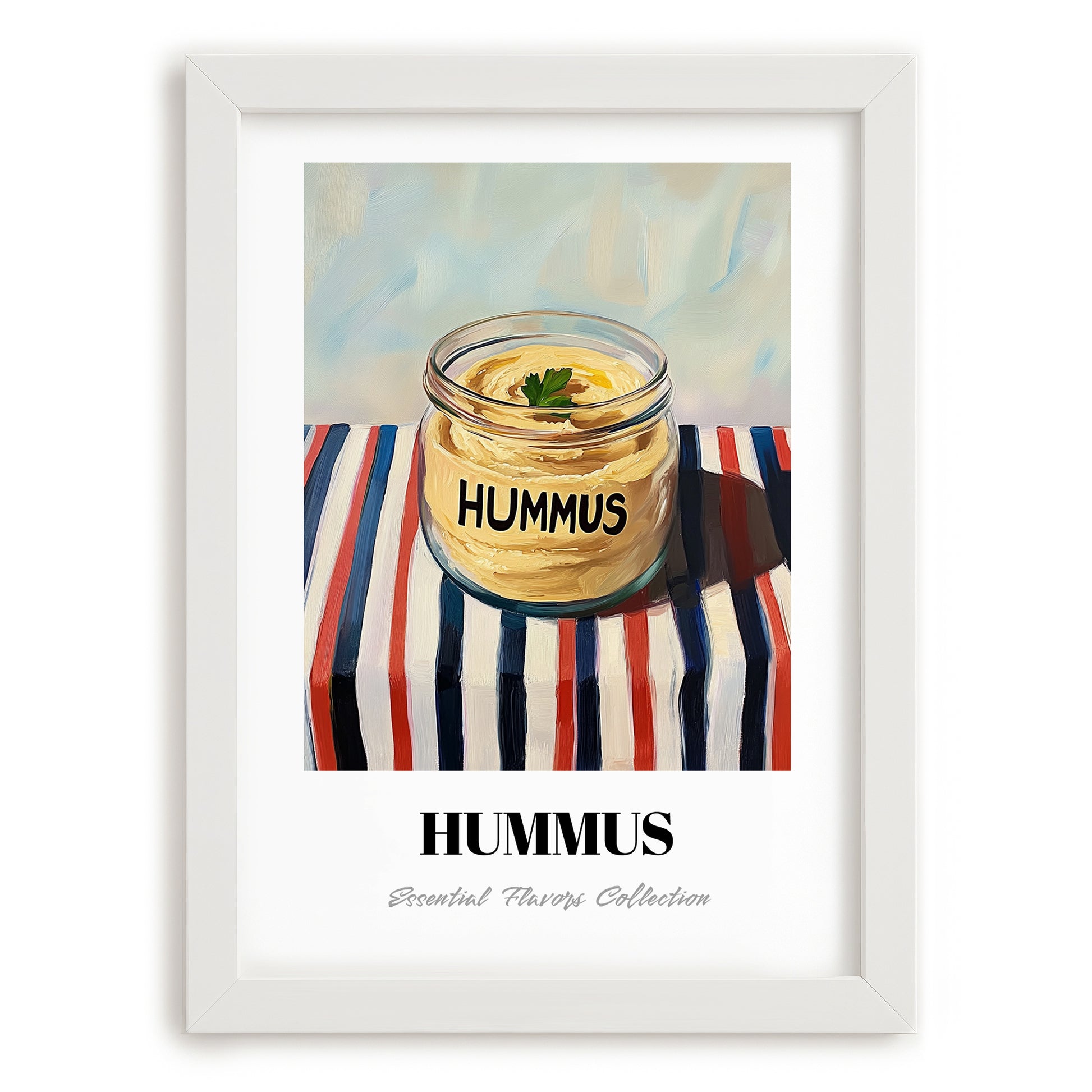 Hummus – on Striped Tablecloth, Pantry Painting, placed in minimal white frame