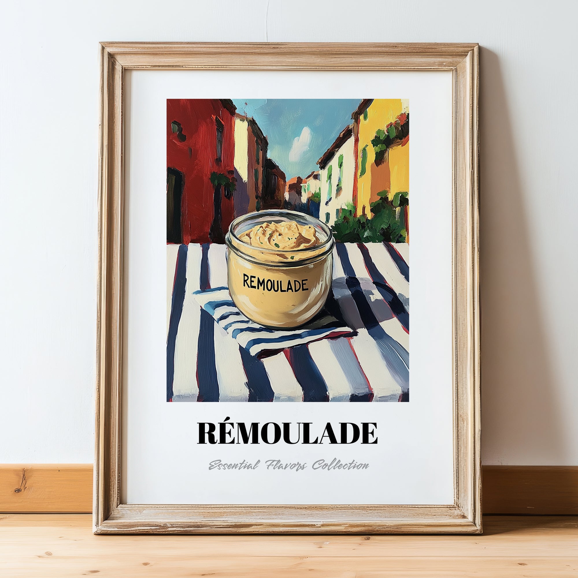 Remoulade – Italian Street Café Scene, Dry Goods Wall Decor, in wooden frame leaning on the floor