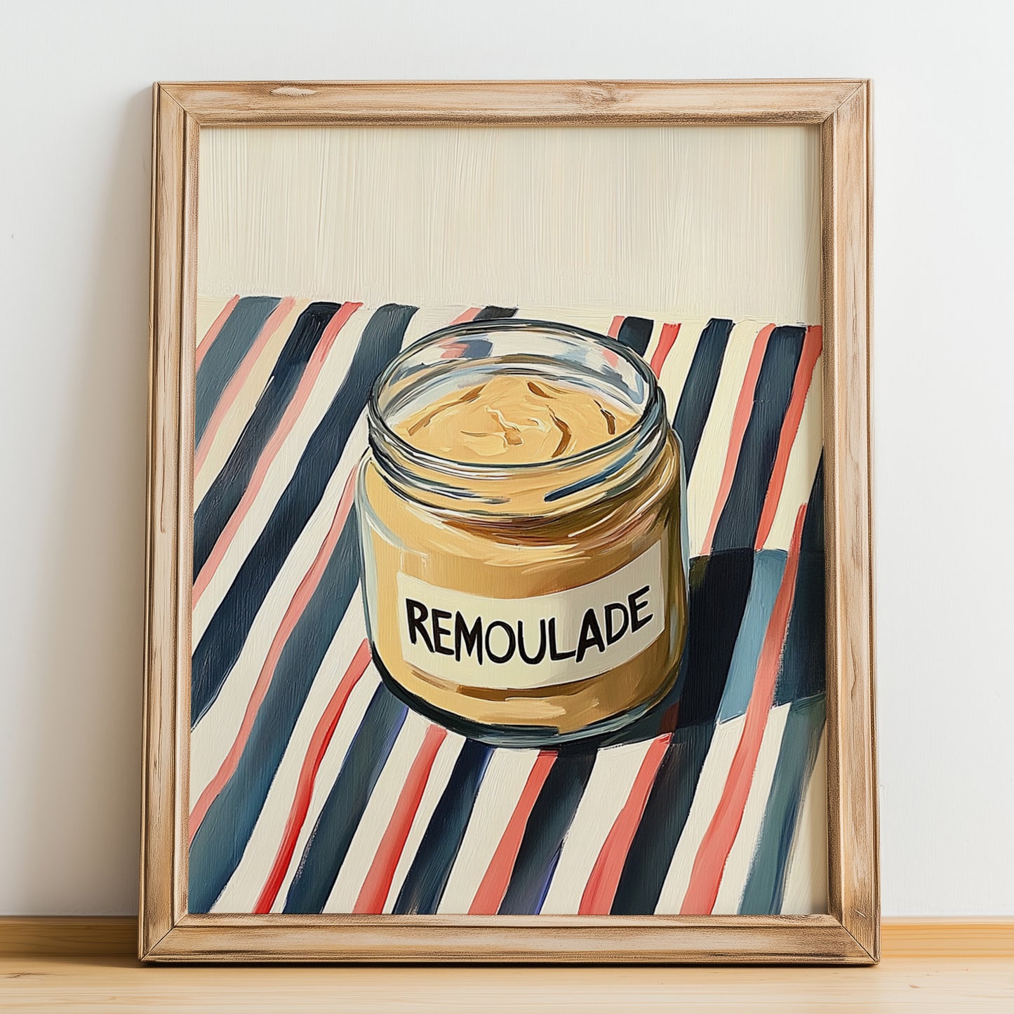 Remoulade – on Striped Tablecloth, Shelf Stock Painting, no-text version framed in wood